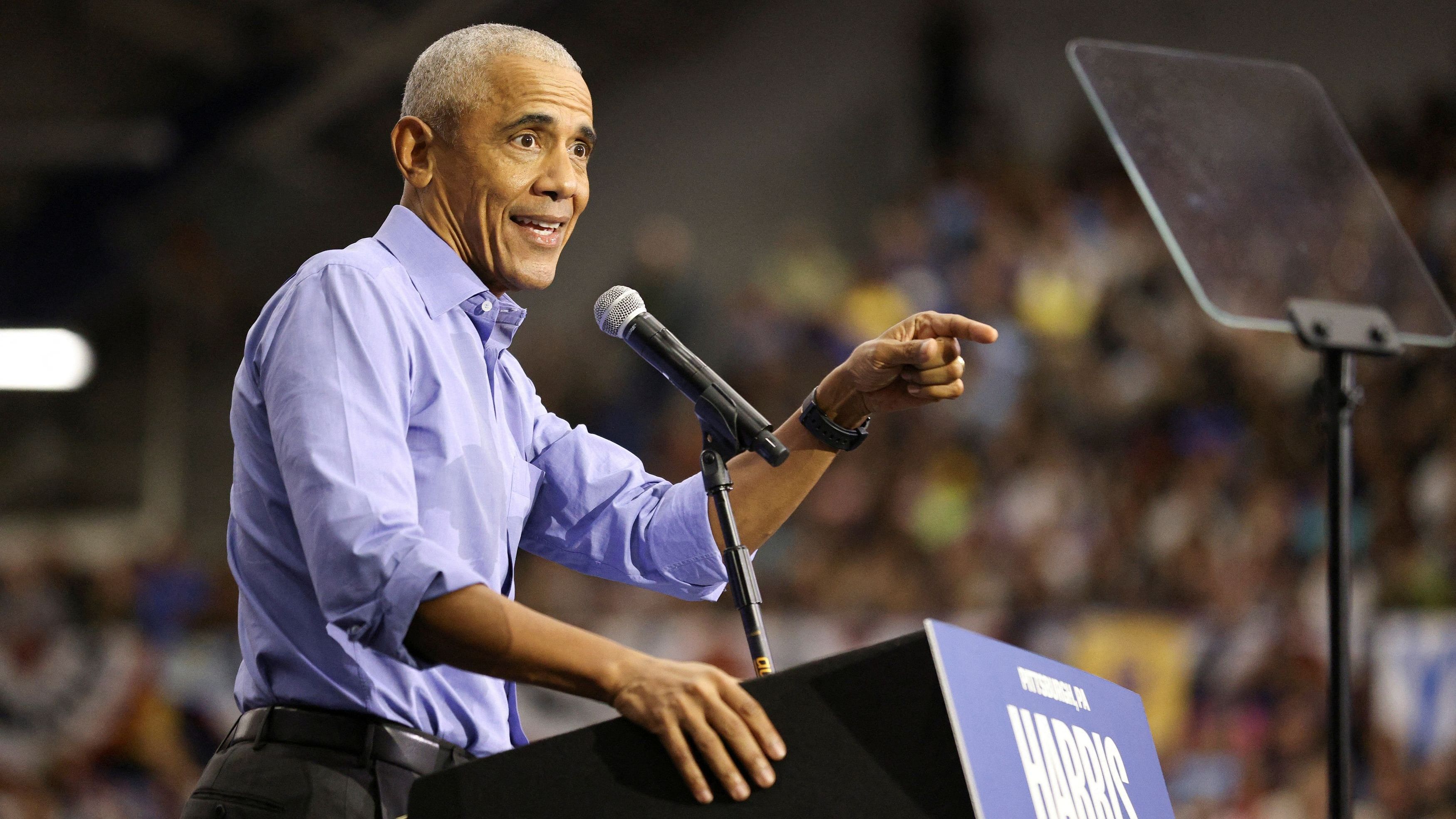 <div class="paragraphs"><p>Former US President Barack Obama speaks during a campaign event in support of Democratic presidential nominee and US Vice President Kamala Harris in Pittsburgh, Pennsylvania, October 10, 2024. </p></div>