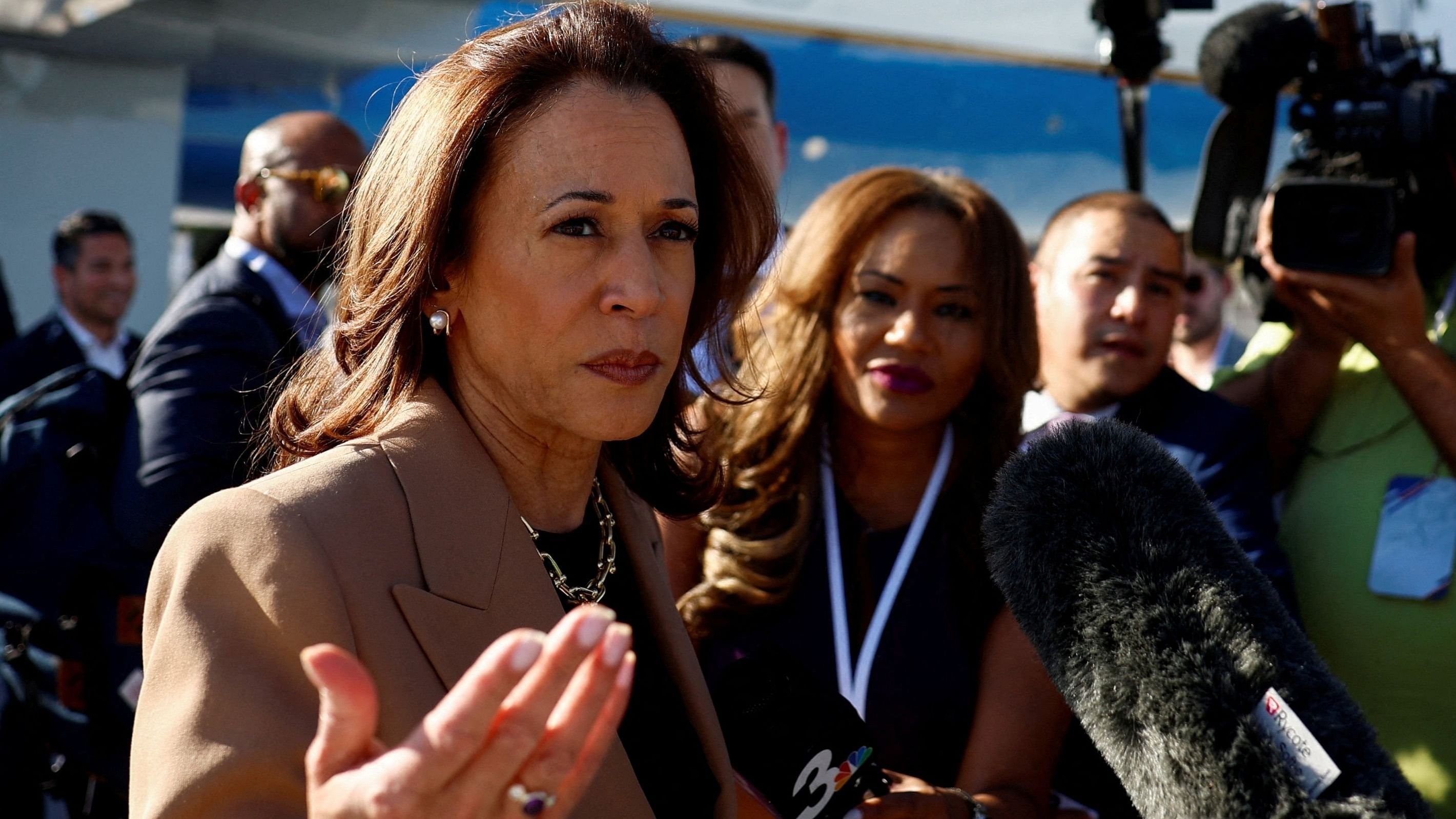 <div class="paragraphs"><p>Democratic presidential nominee and US Vice President Kamala Harris speaks to the media before departing for Arizona at Harry Reid International Airport in Las Vegas, Nevada, US, on October 10, 2024. </p></div>