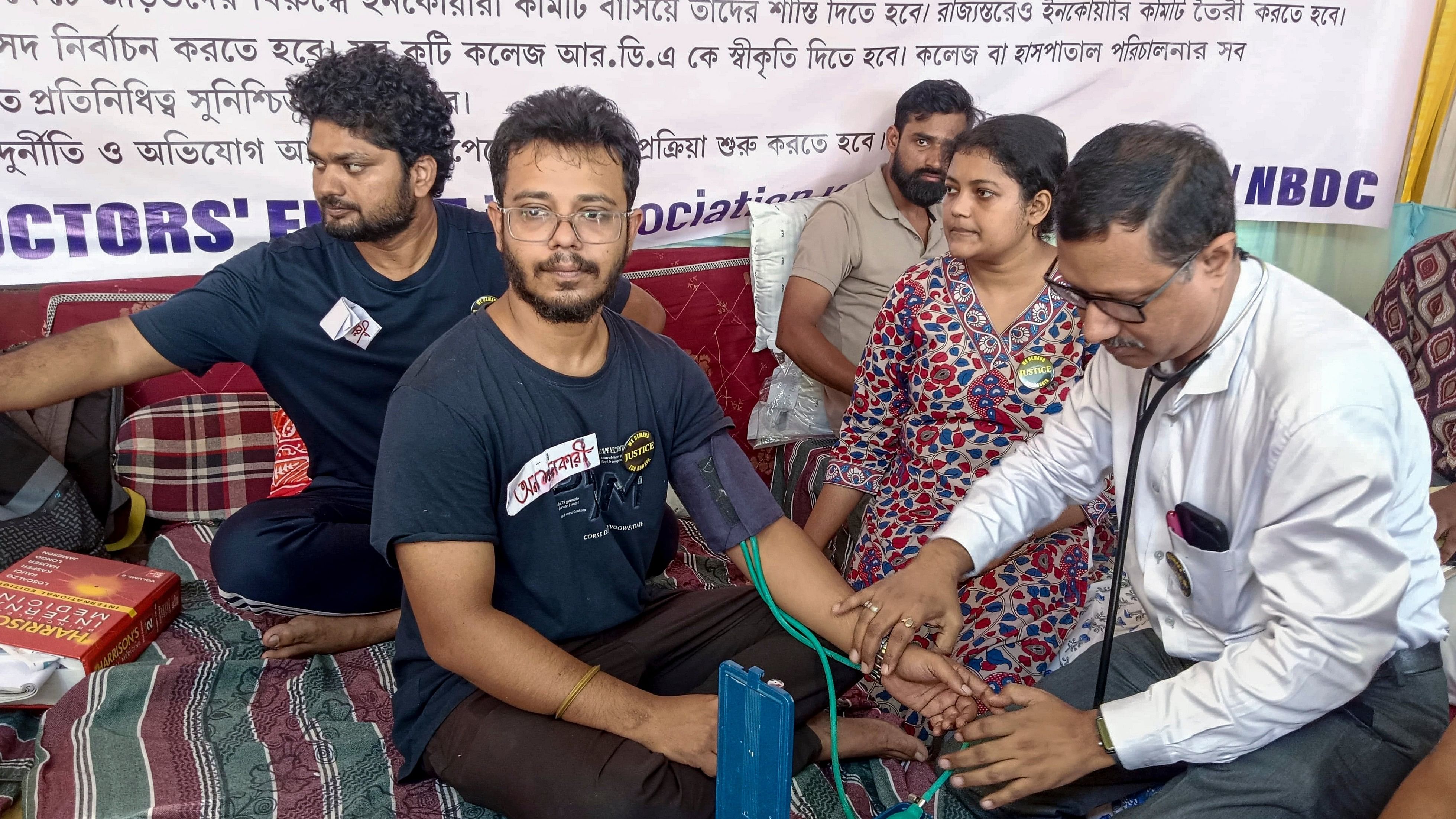 <div class="paragraphs"><p>Trainee and Junior Doctors who are on hunger strike in protest against the RG Kar Medical College and Hospital rape and murder incident, near Siliguri, October 8, 2024. </p></div>