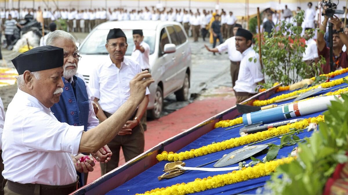 <div class="paragraphs"><p>Rashtriya Swayamsevak Sangh (RSS) chief Mohan Bhagwat performs 'Shastra Puja' during a function organised on the occasion of 'Vijayadashami', in Nagpur, Saturday, Oct. 12, 2024.</p></div>