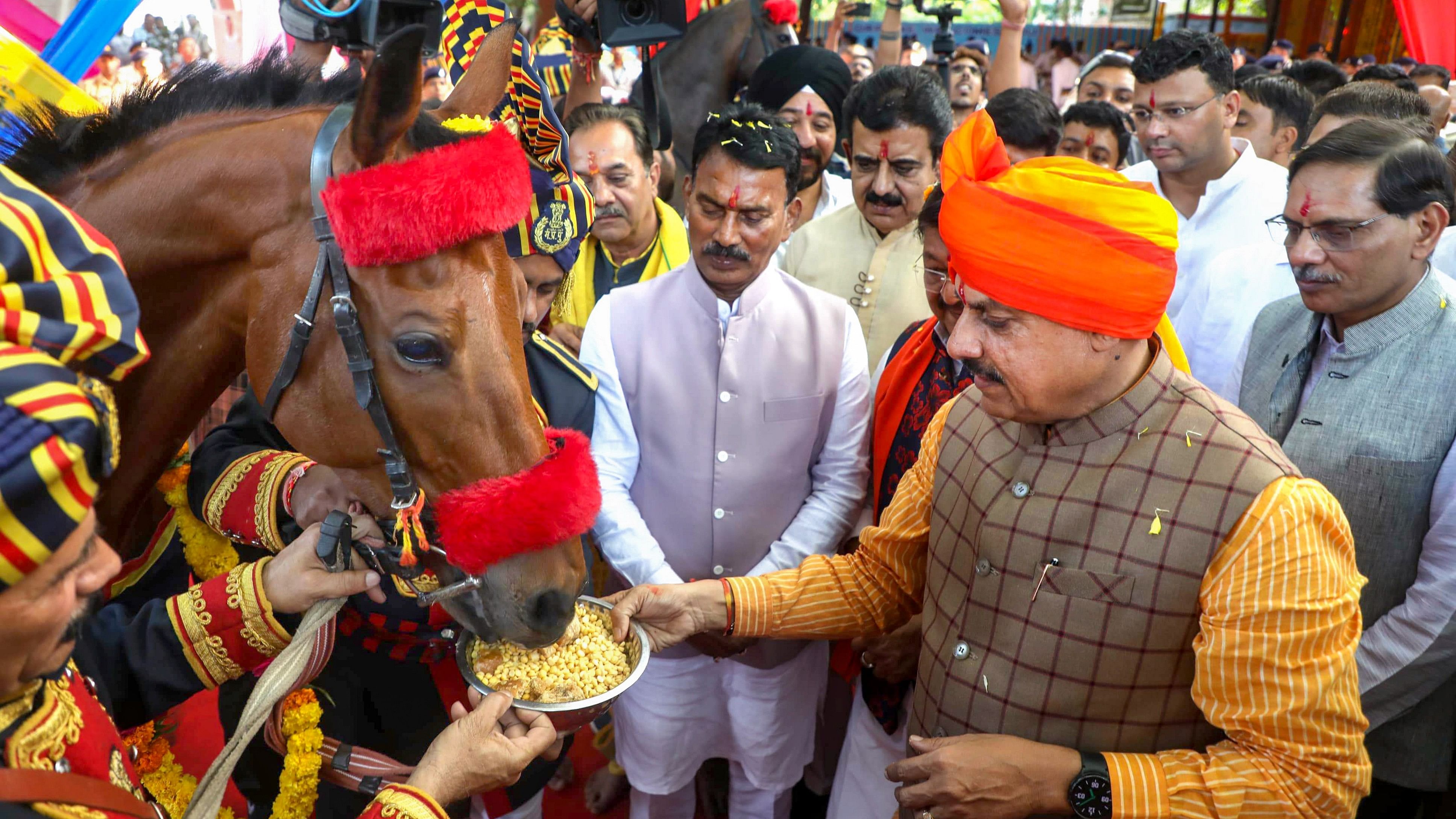 <div class="paragraphs"><p>Madhya Pradesh Chief Minister Mohan Yadav during 'Ashwa Puja' on the occasion of Vijaya Dashami festival, in Indore, Saturday.</p></div>