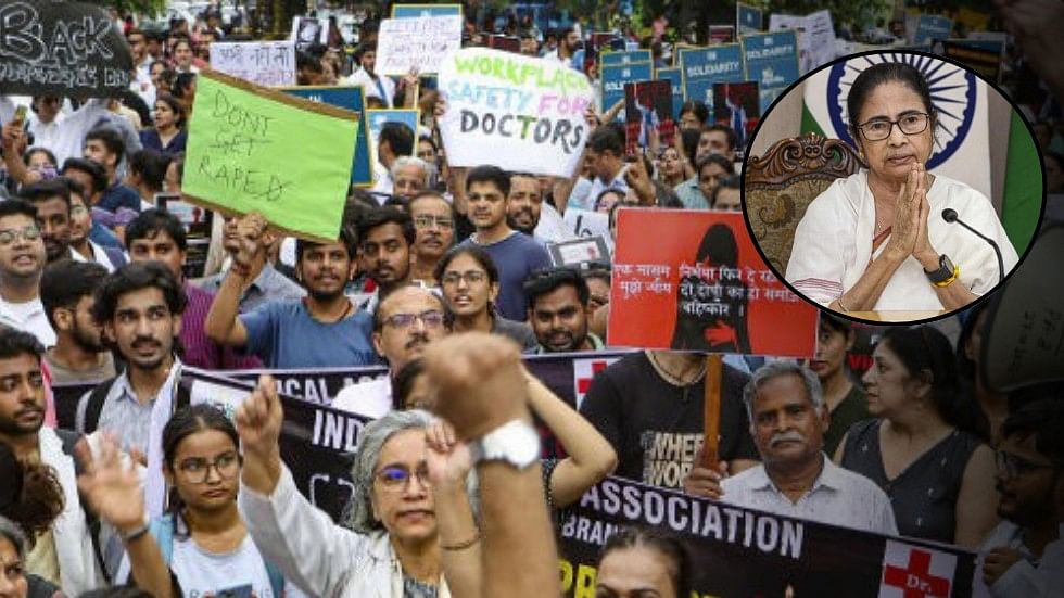 <div class="paragraphs"><p>Collage showing protesting doctors and Bengal CM Mamata Banerjee.</p></div>