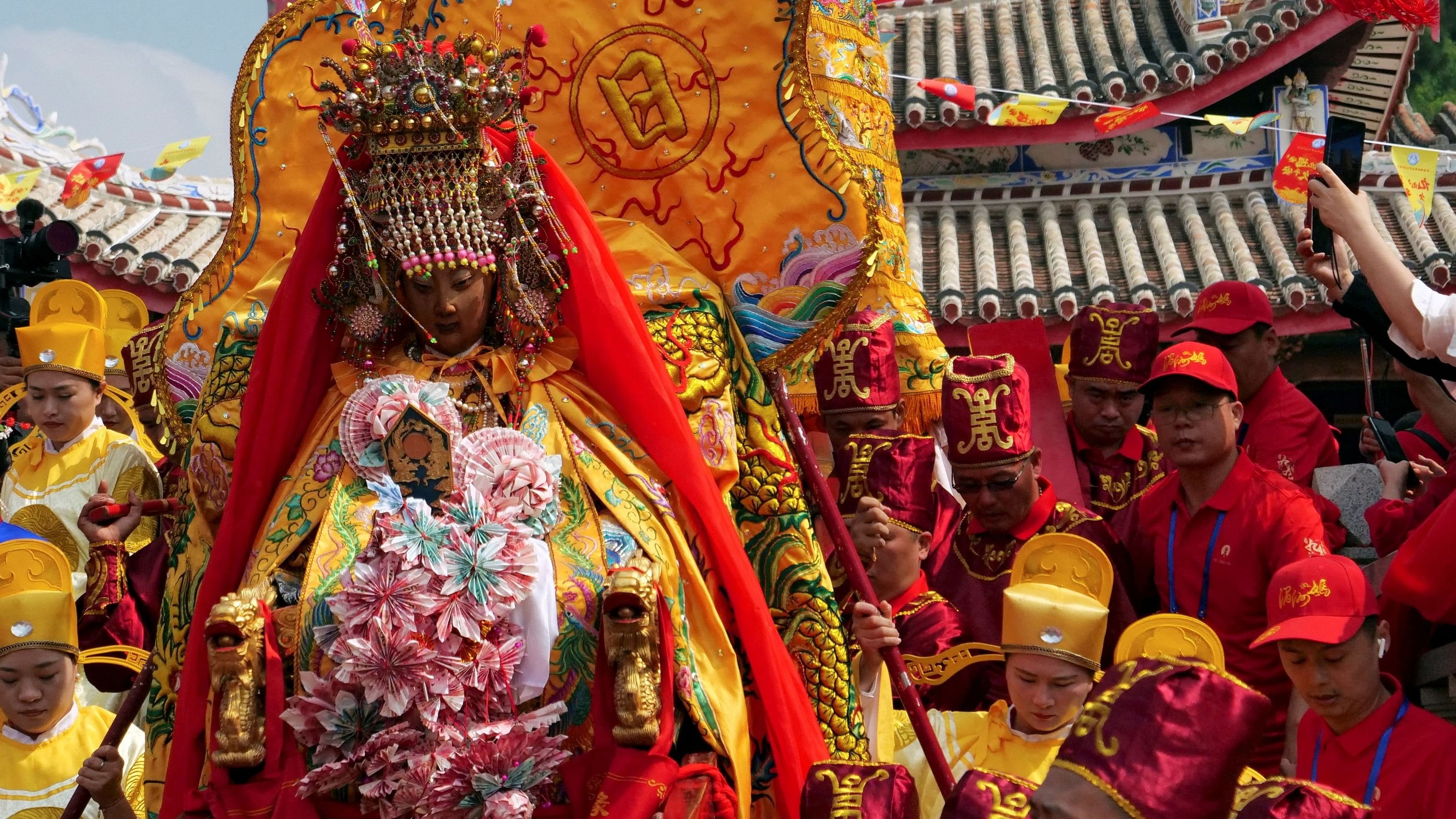 <div class="paragraphs"><p>Pilgrims carry a sedan chair holding a statue of the sea goddess Mazu out of a temple during a pilgrimage on Meizhou island, Fujian province, China October 11, 2024. </p></div>