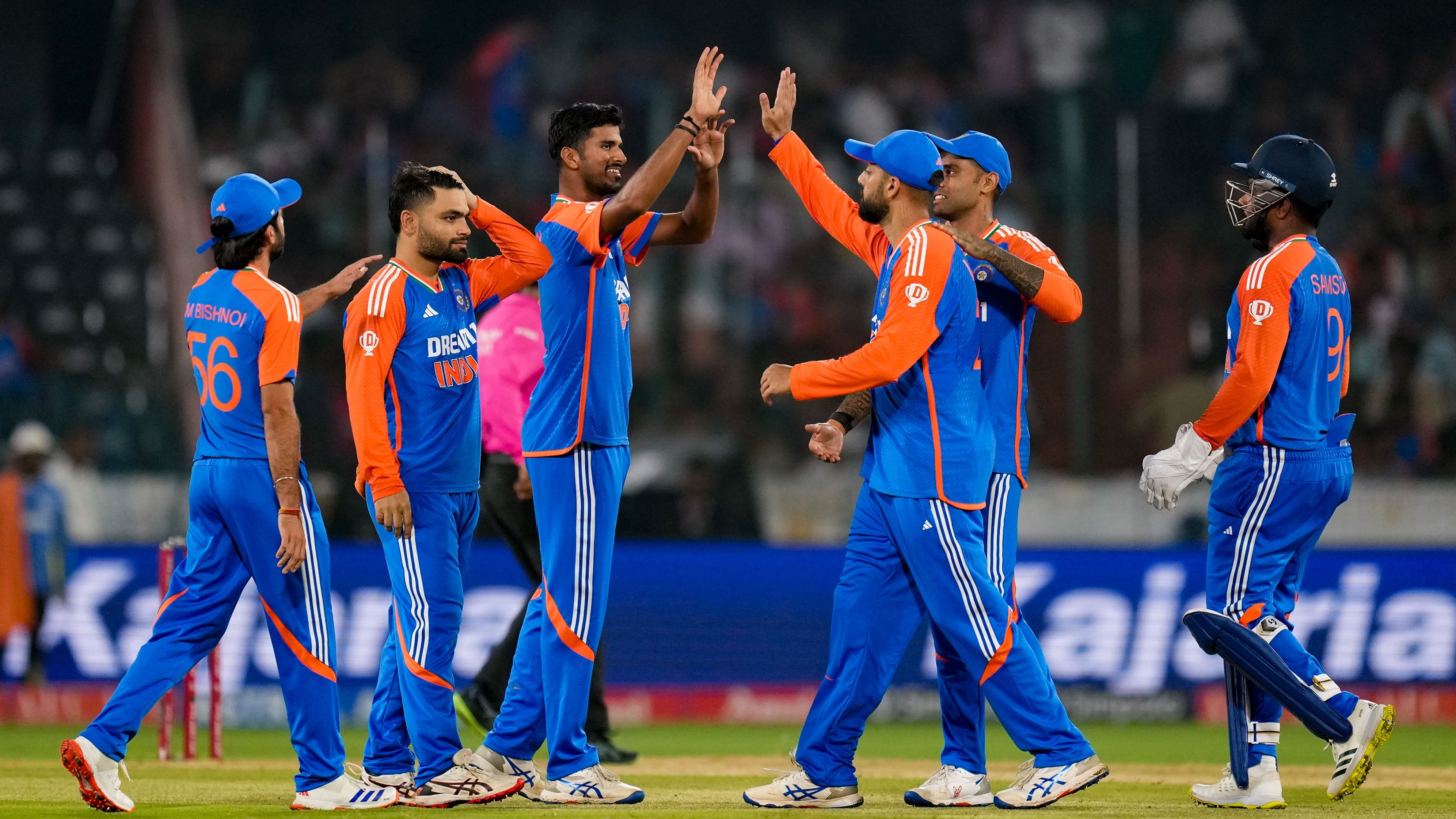 <div class="paragraphs"><p>Washington Sundar celebrates with teammates after taking the wicket of Bangladesh's Tanzid Hasan during the third and final T20 International cricket match between India and Bangladesh.</p></div>