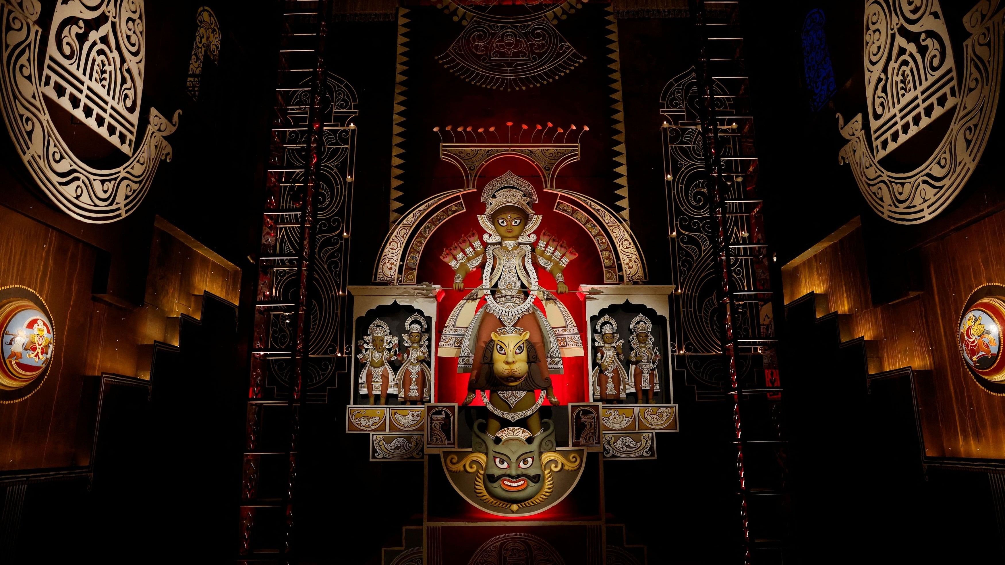 <div class="paragraphs"><p>An idol of the Hindu goddess&nbsp;Durga is placed on an altar inside a pandal marking Durga&nbsp;Puja&nbsp;festival celebrations.</p></div>