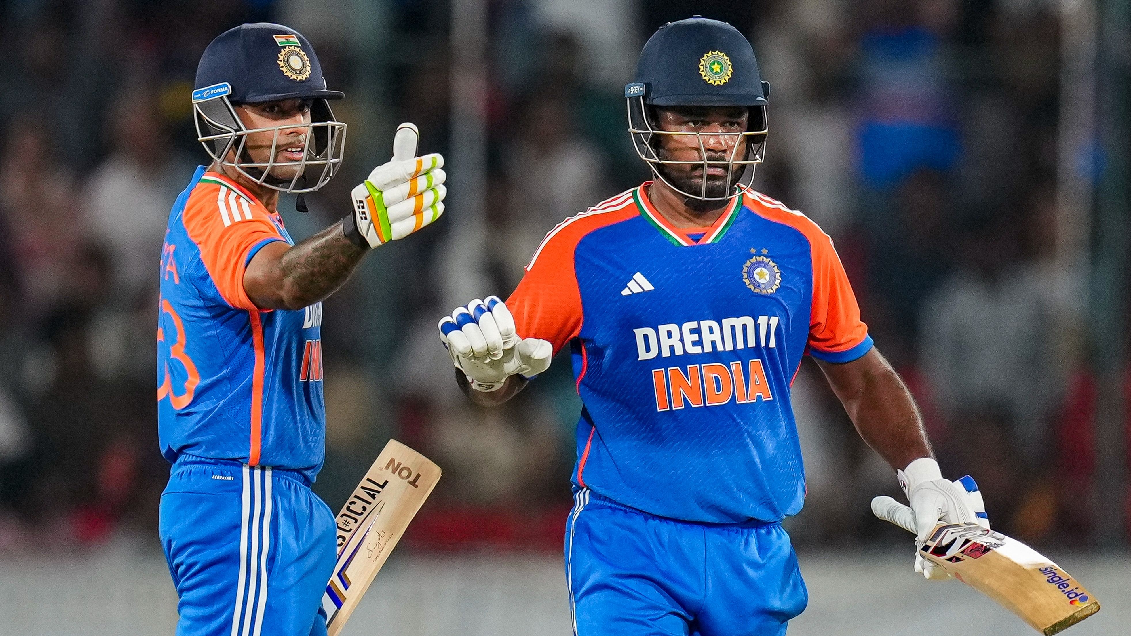 <div class="paragraphs"><p>Sanju Samson celebrates his half century with captain Suryakumar Yadav during the third and final T20 International cricket match between India and Bangladesh.</p></div>