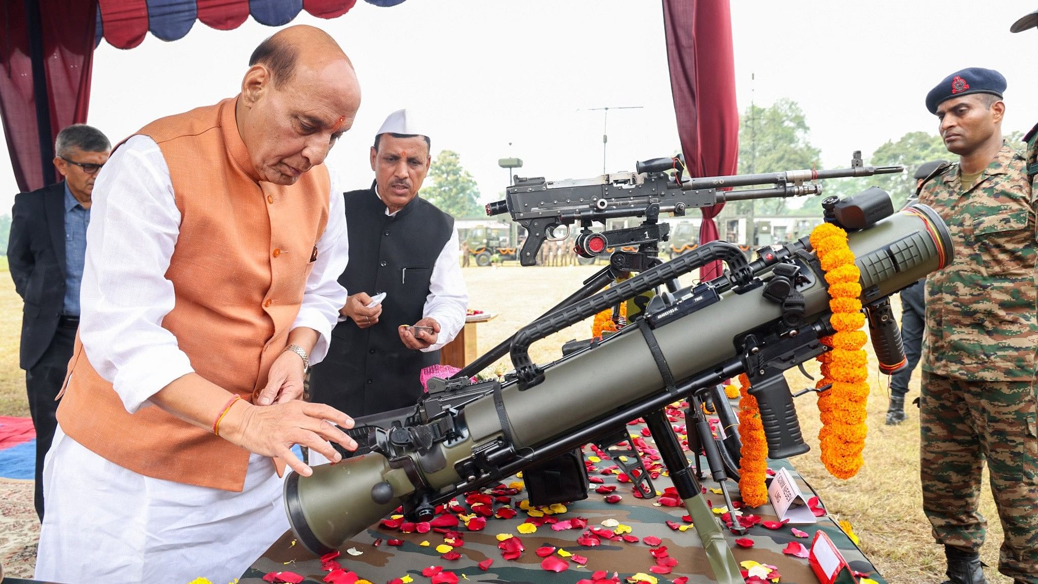 <div class="paragraphs"><p>RajnathSingh performing Shastra Puja at the headquarters of an Army corps in Bengal, October 12, 2024.</p></div>