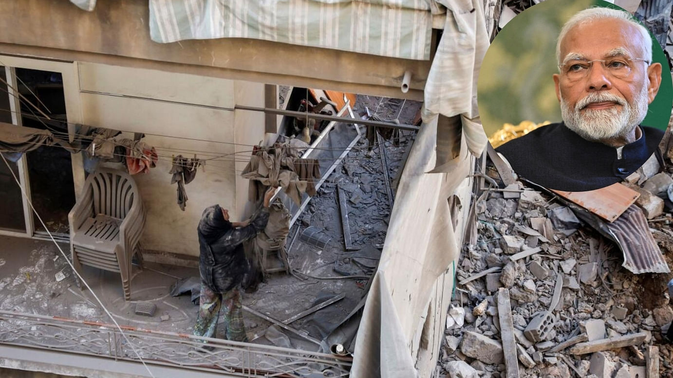 <div class="paragraphs"><p>Maha Haddad, mother-in-law of Ahmed Al-Khatib cleans rubble in their damaged apartment at the strike site in Beirut, Lebanon, October 11, 2024. (Inset: Indian Prime Minister Narendra Modi).</p></div>