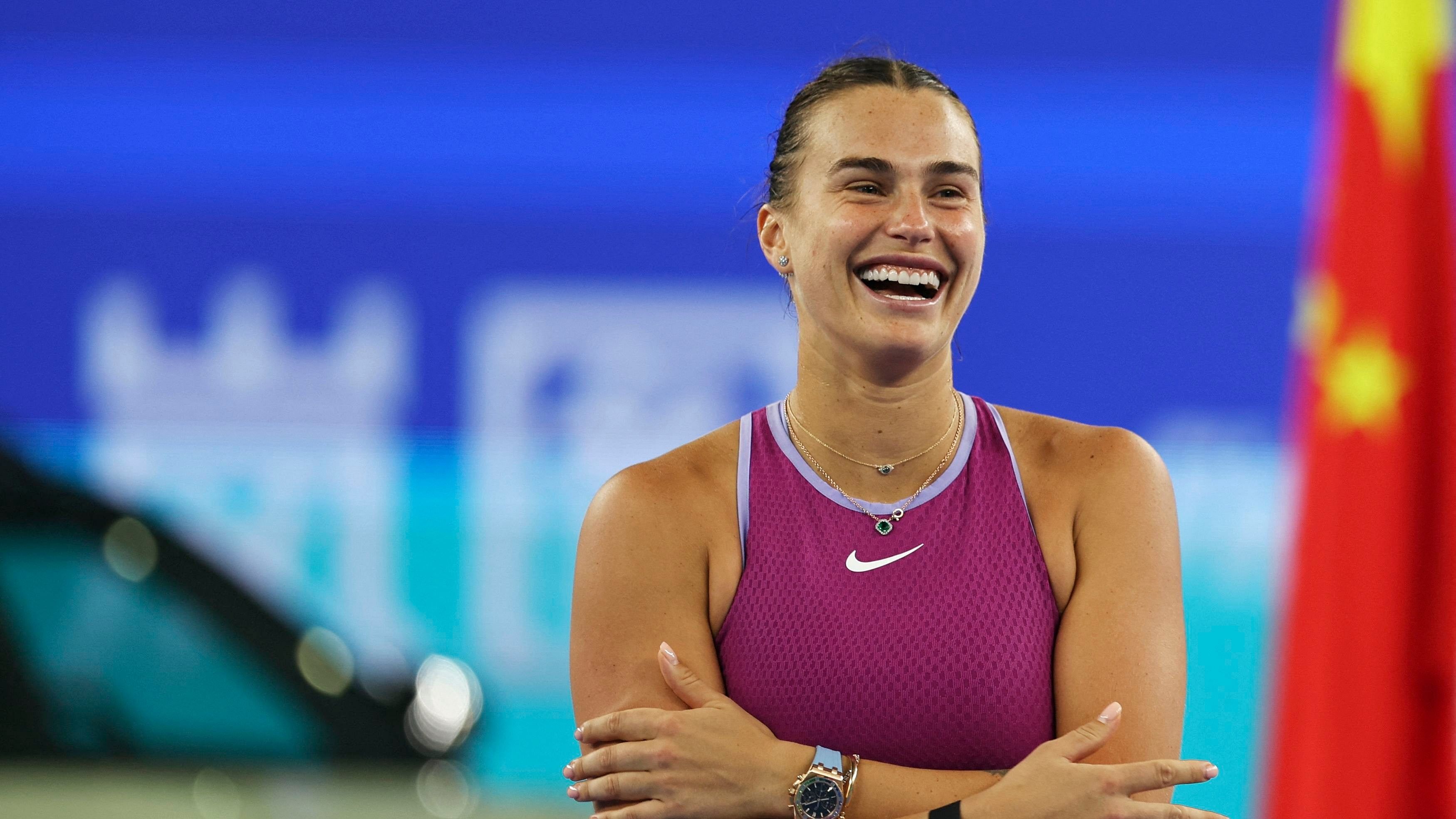 <div class="paragraphs"><p> Belarus' Aryna Sabalenka celebrates after winning her final match against China's Qinwen Zheng.</p></div>