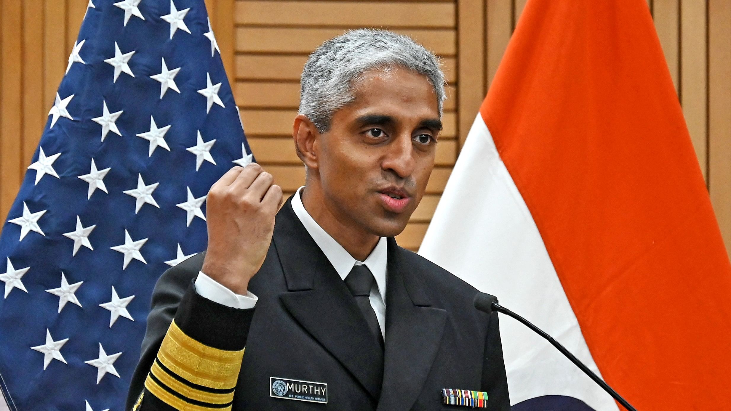 <div class="paragraphs"><p>US Surgeon General Vivek Murthy addresses a press conference at Jayadeva Hospital, Bengaluru on Friday, October 11, 2024.</p></div>