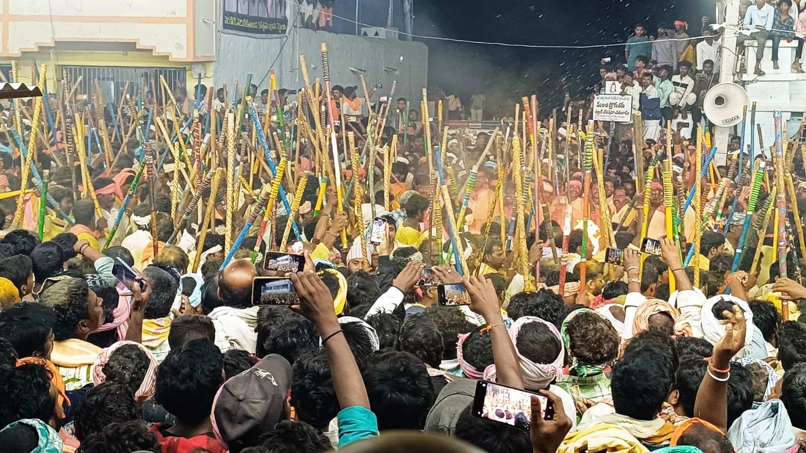 Over 20,000 devotees from 11 villages fight with sticks to secure idols as part of Banni Utsav at the border village of Devaragattu near Siruguppa.