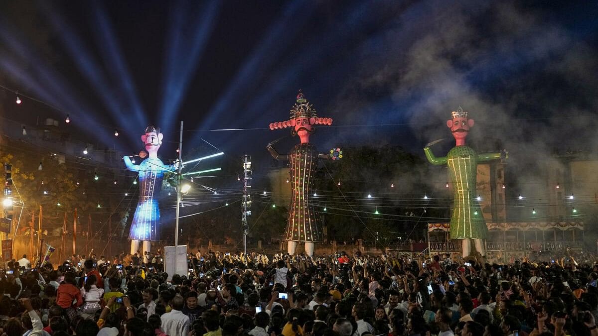 <div class="paragraphs"><p>Effigies of demon king ‘Ravana’, Kumbhkaran and Meghnad are seen during celebration of the ‘Dussehra’ (Vijayadashami) festival organised by Shree Geeta Colony Dharmik Ramleela Committee, in New Delhi, Saturday, Oct. 12, 2024.</p></div>