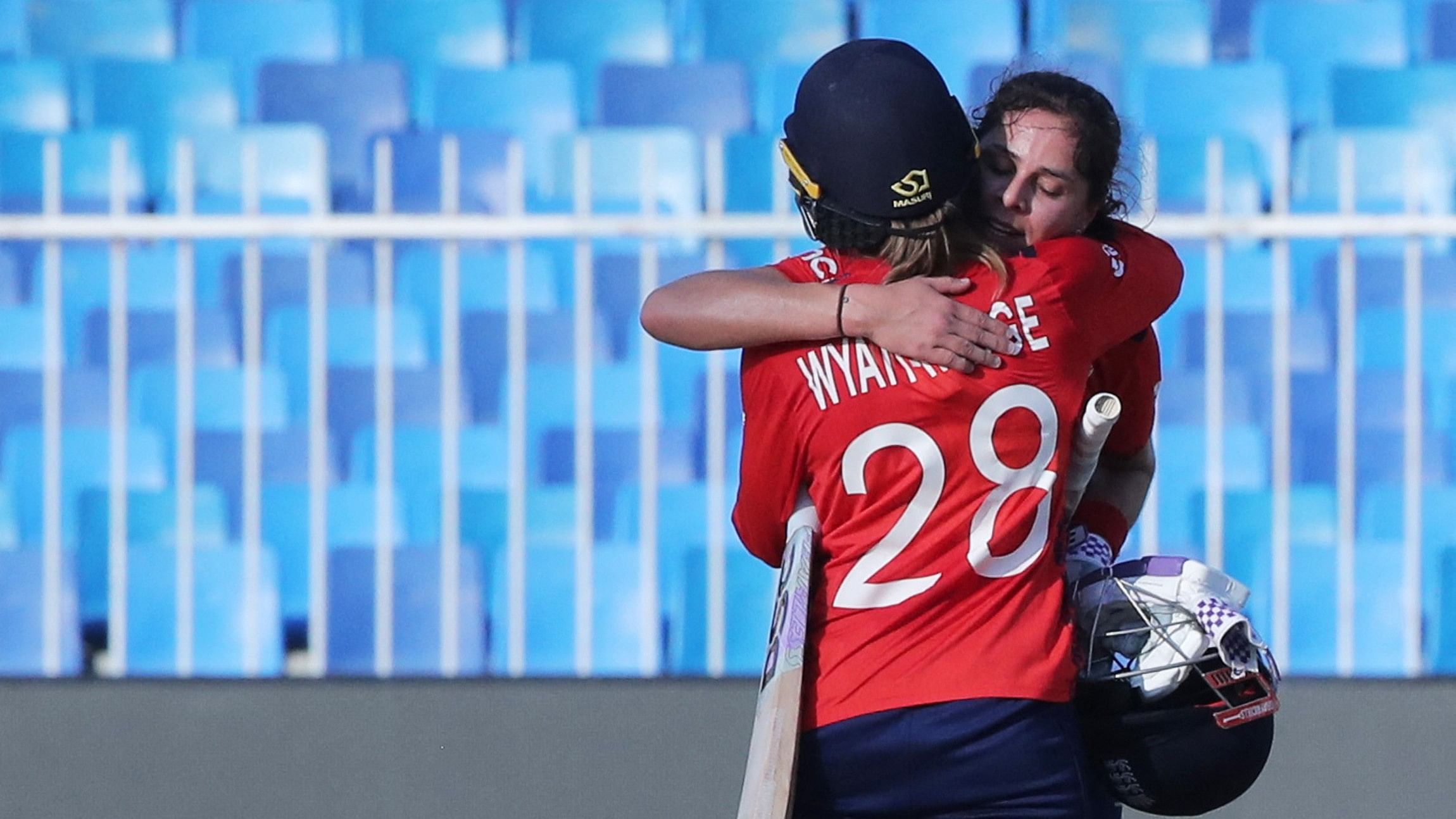 <div class="paragraphs"><p>England's Maia Bouchier and England's Danni Wyatt-Hodge celebrate after the match.</p></div>