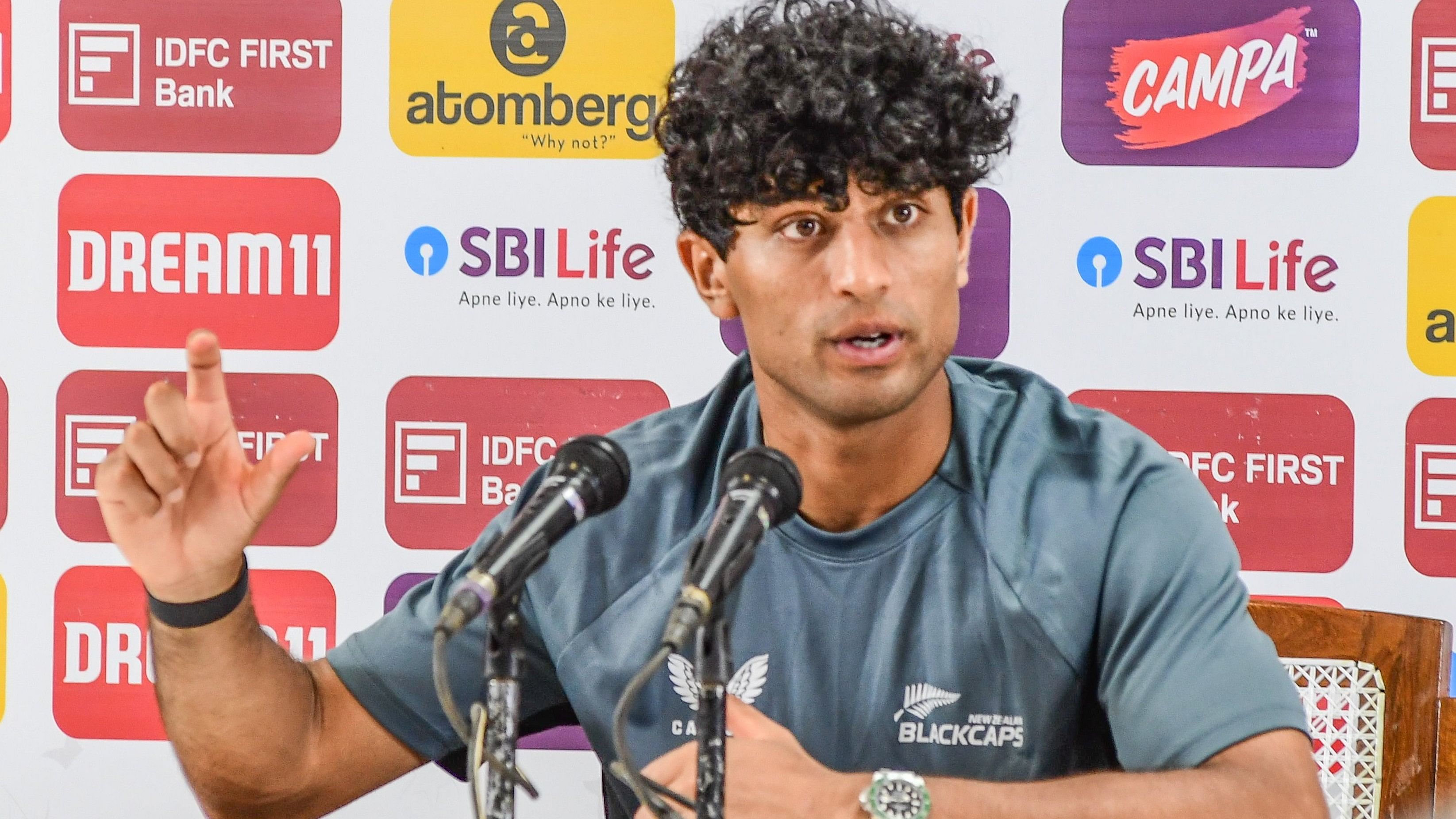 <div class="paragraphs"><p>Rachin Ravindra New Zealand cricket team player speaking at Press conference in New Zealand's tour of India at M Chinnaswamy Stadium. </p></div>