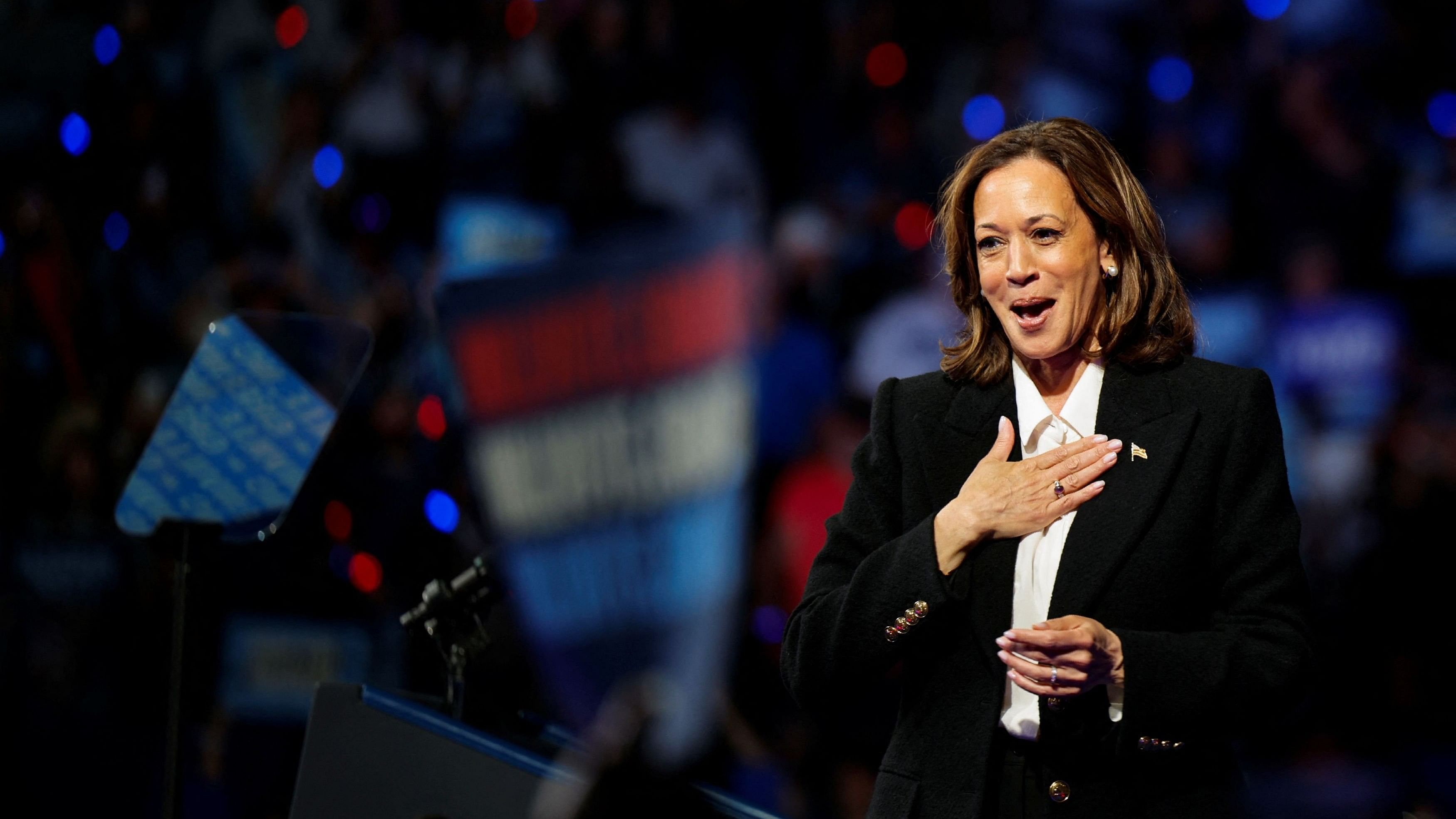 <div class="paragraphs"><p>Democratic presidential nominee US Vice President Kamala Harris gestures at a campaign rally at East Carolina University, in Greenville, North Carolina in the US.</p></div>