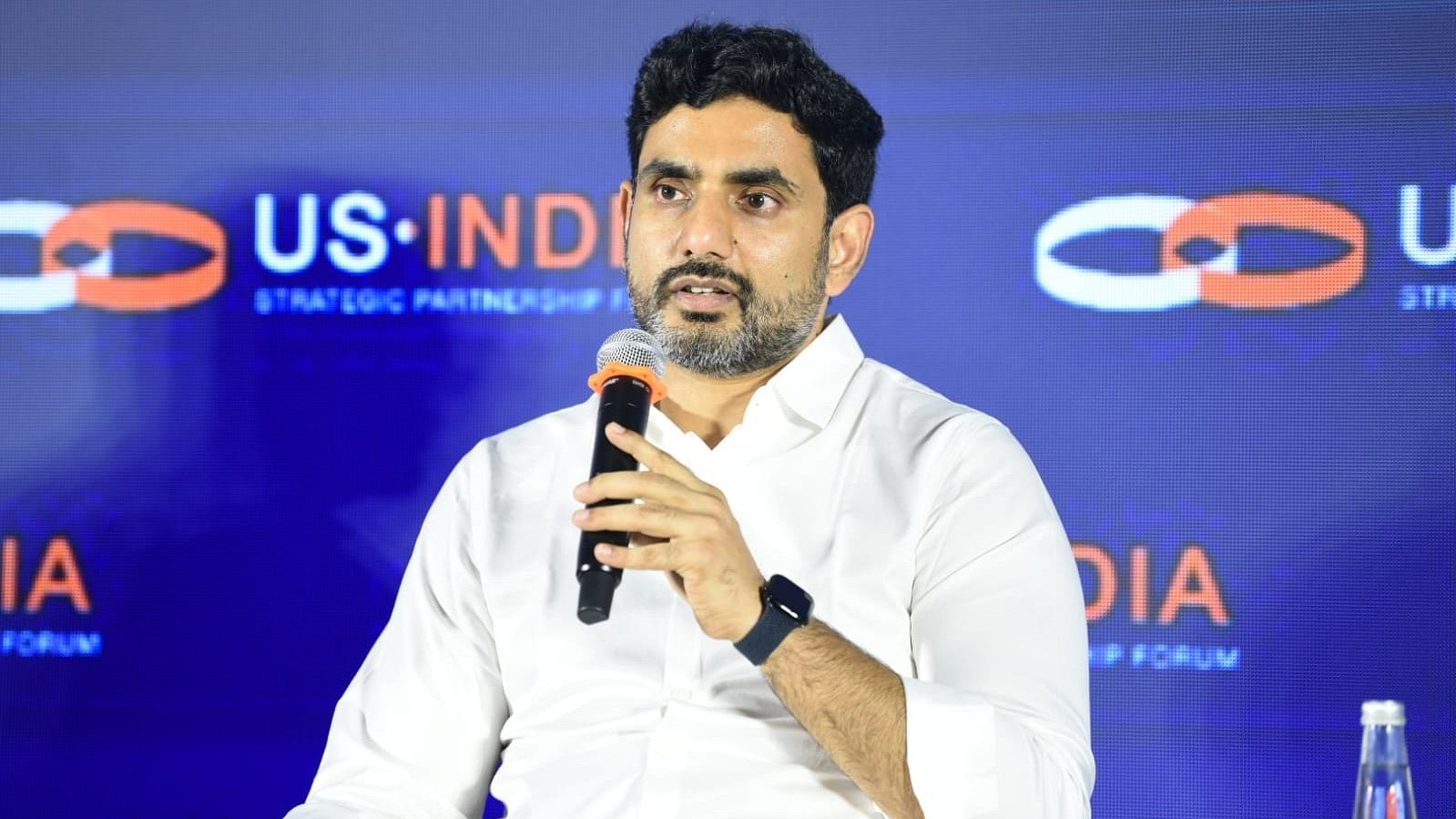 <div class="paragraphs"><p> Nara Lokesh speaks at the&nbsp; US-India Strategic Partnership Forum Leadership Summit in New Delhi on Monday.&nbsp;</p></div>