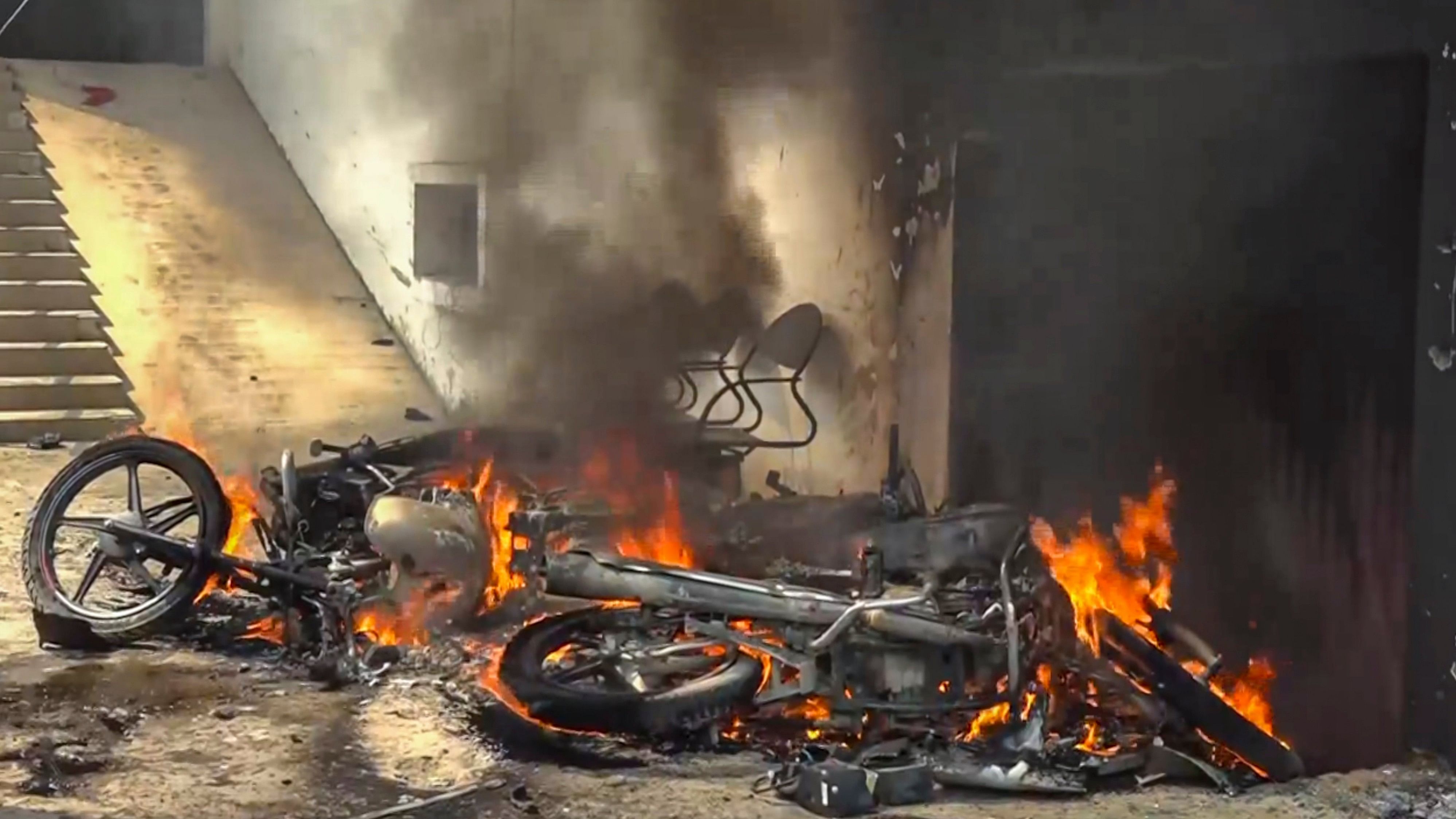 <div class="paragraphs"><p>Motorbikes burnt following violence in Bahraich.</p></div>