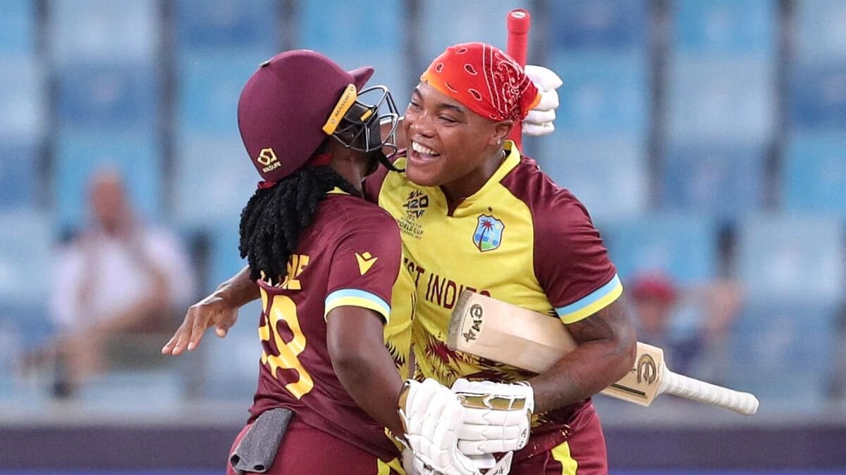 <div class="paragraphs"><p>West Indies' Aaliyah Alleyne and Chinelle Henry celebrate after winning the match.</p></div>