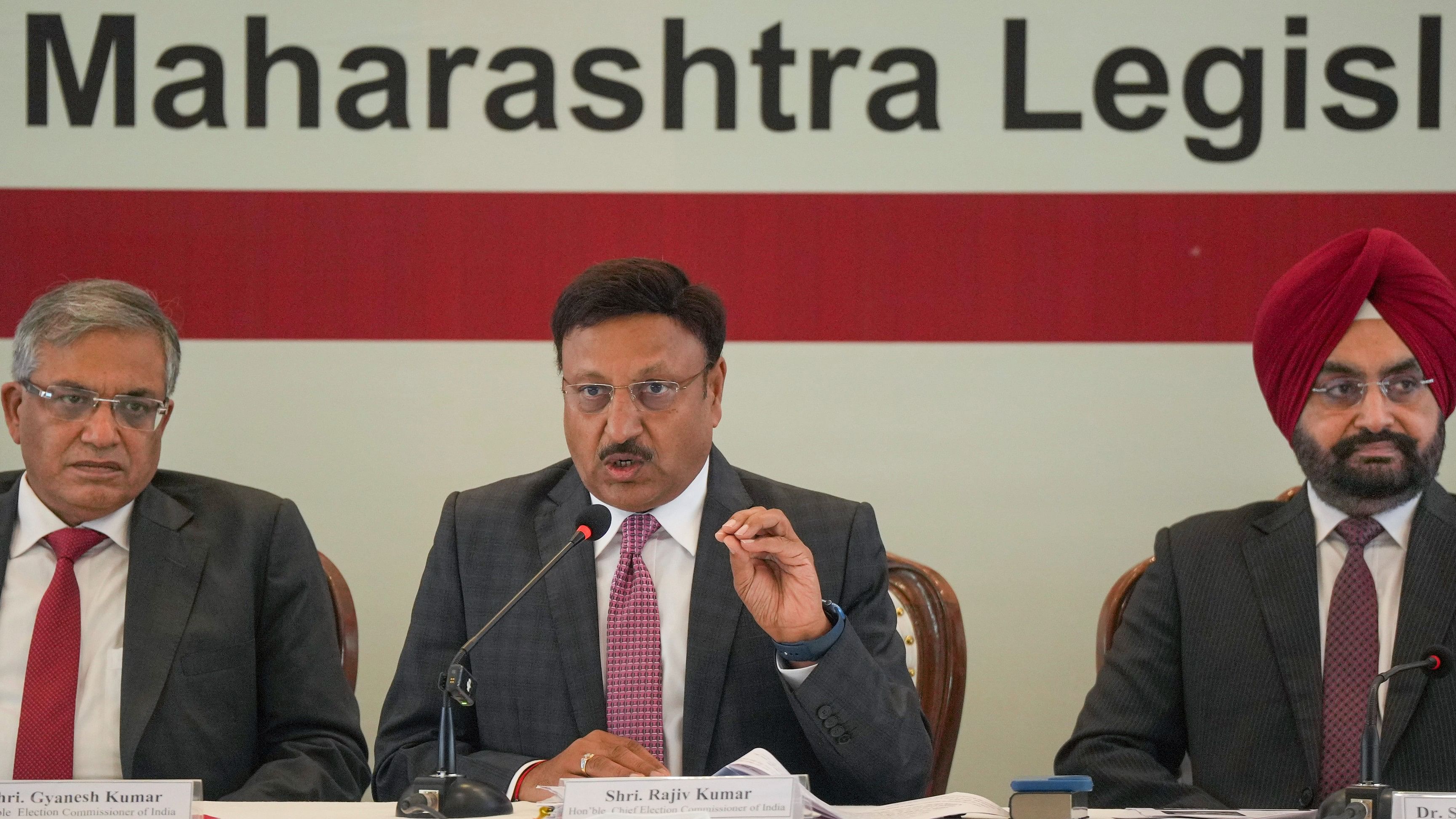 <div class="paragraphs"><p>File photo of&nbsp;Chief Election Commissioner Rajiv Kumar with election commissioners Gyanesh Kumar and Sukhbir Singh Sandhu during a press conference</p></div>