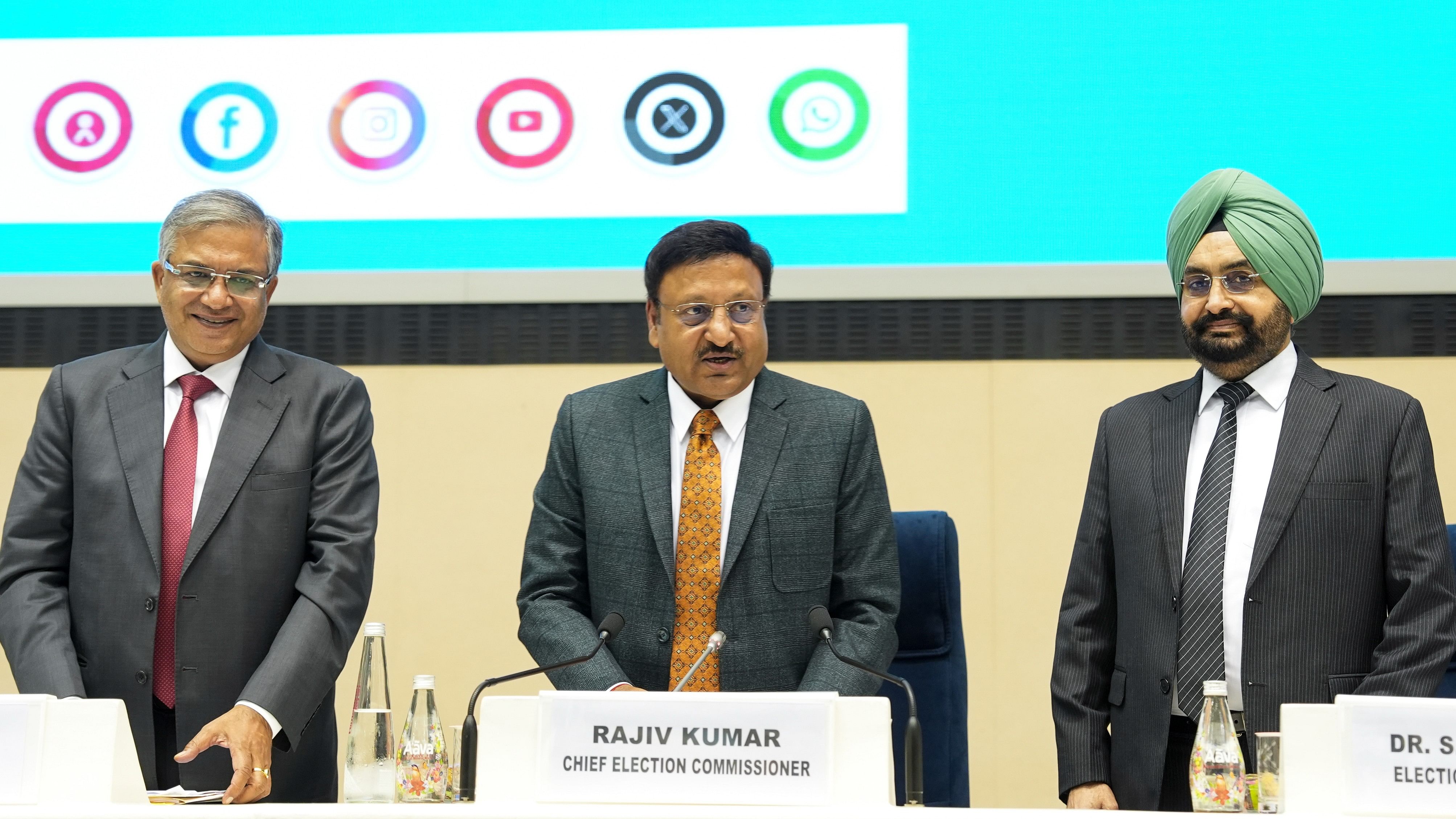 <div class="paragraphs"><p>Chief Election Commissioner Rajiv Kumar with Election Commissioners Gyanesh Kumar and Sukhbir Singh Sandhu during a press conference on Tuesday</p></div>