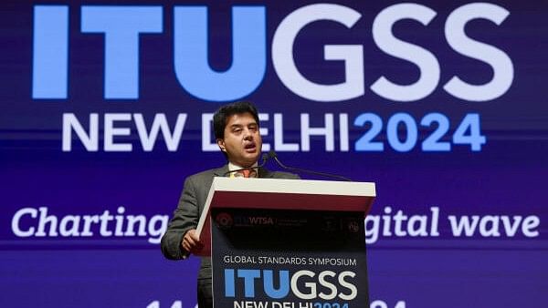 <div class="paragraphs"><p>Communication Minister Jyotiraditya Scindia speaks during the inauguration of the Global Standards Symposium at the @ITU WTSA meet at Bharat Mandpam, in New Delhi.&nbsp;</p></div>