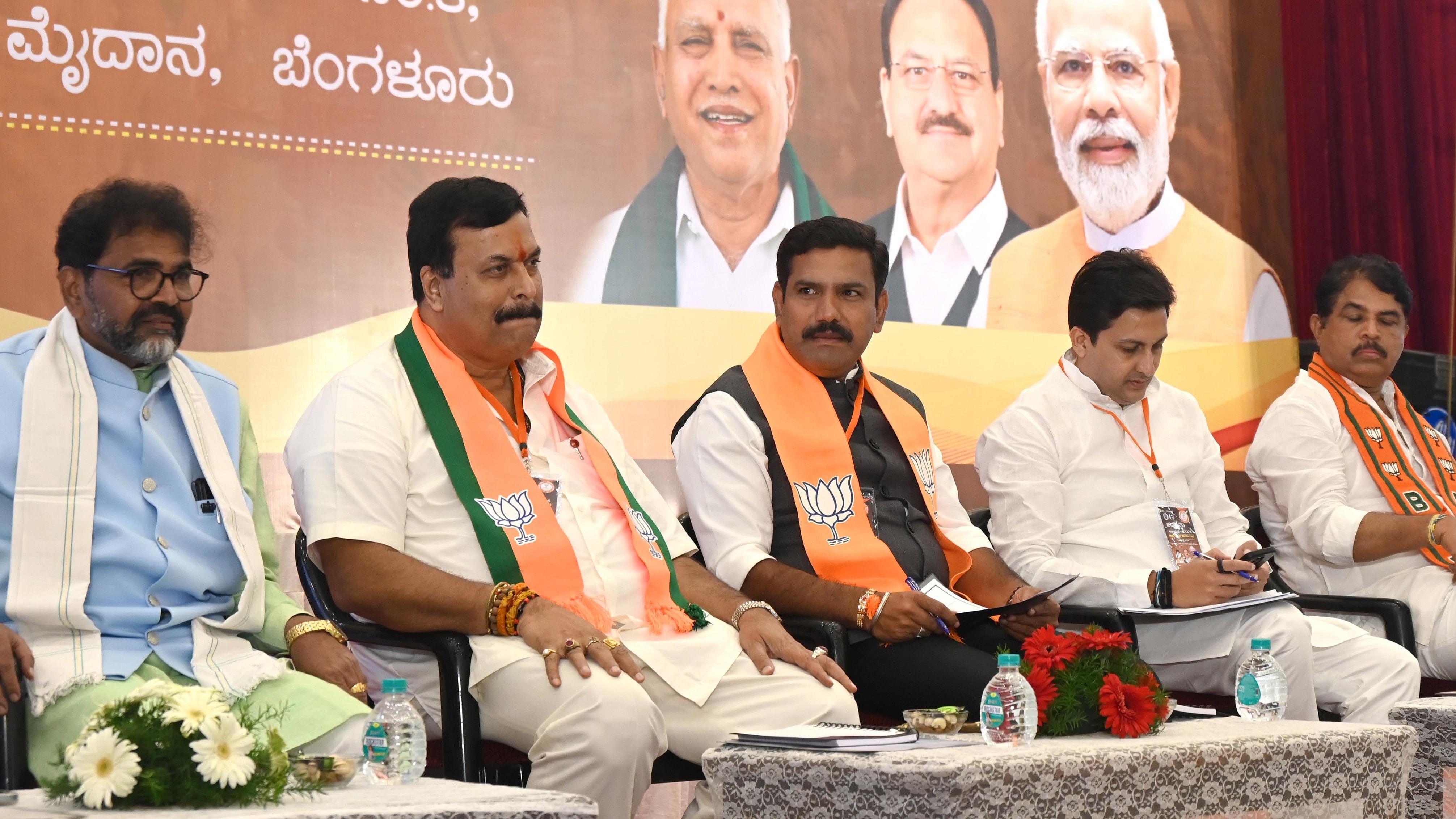 <div class="paragraphs"><p>State co-in-charges Sudhakar Reddy, State president B.Y. Vijayendra, BJP National Secretary Rituraj Sinha and opposition leader R. Ashok</p></div>