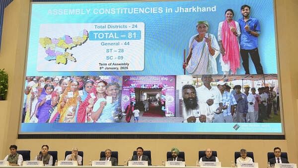 <div class="paragraphs"><p>Chief Election Commissioner Rajiv Kumar with Election Commissioners Gyanesh Kumar and Sukhbir Singh Sandhu during a press conference for the announcement of the schedule of elections to the Legislative Assemblies of Jharkhand and Maharashtra, in New Delhi, Tuesday, Oct. 15, 2024. The Maharashtra elections will be held on November 20, while Jharkhand elections will be held in two phases on November 13 and 20; the results for both states will be declared on November 23.</p></div>