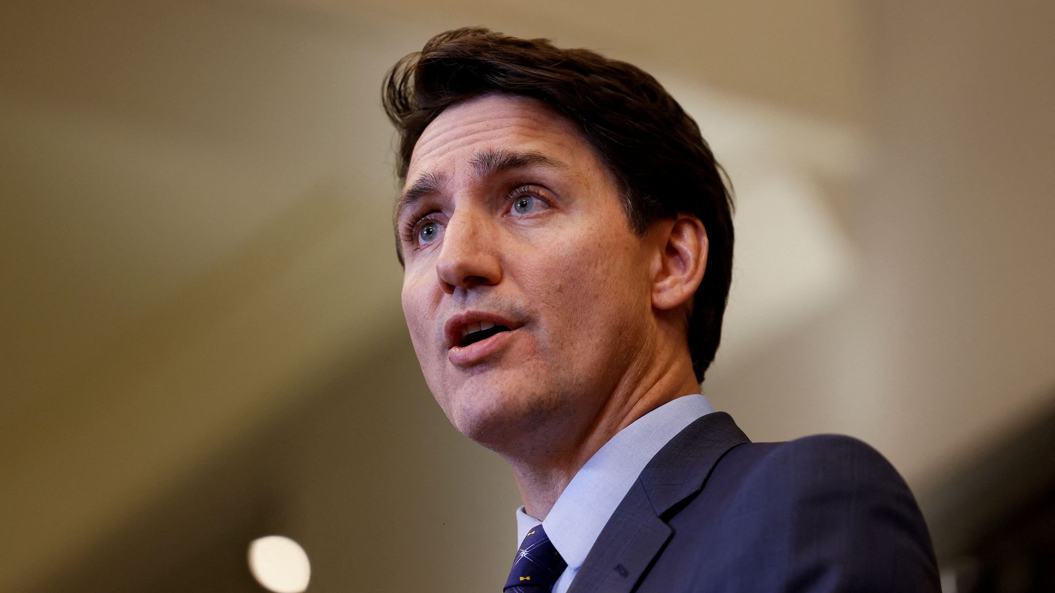 <div class="paragraphs"><p>Canada's Prime Minister Justin Trudeau takes part in a press conference about the Royal Canadian Mounted Police's investigation into "violent criminal activity in Canada with connections to India", on Parliament Hill in Ottawa.</p></div>