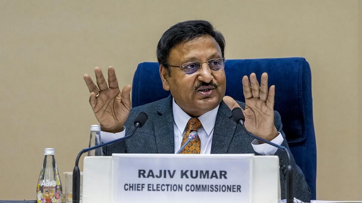 <div class="paragraphs"><p>Chief Election Commissioner Rajiv Kumar speaks during a press conference for the announcement of the schedule of elections to the Legislative Assemblies of Jharkhand and Maharashtra, in New Delhi, Tuesday, Oct. 15, 2024. The Maharashtra elections will be held on November 20, while Jharkhand elections will be held in two phases on November 13 and 20; the results for both states will be declared on November 23.</p></div>