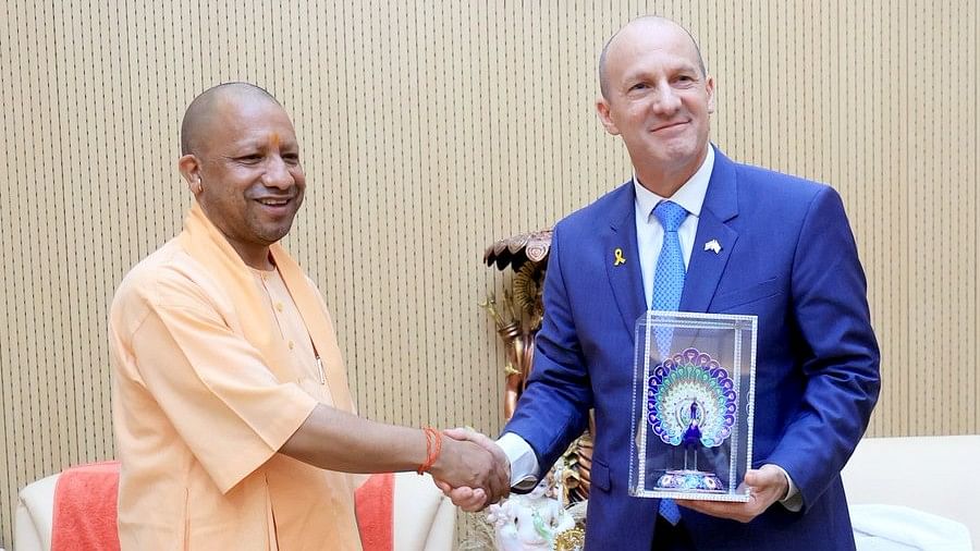 <div class="paragraphs"><p>Uttar Pradesh Chief Minister Yogi Adityanath greeting&nbsp;Israel's Ambassador to India Reuven Azar.</p></div>