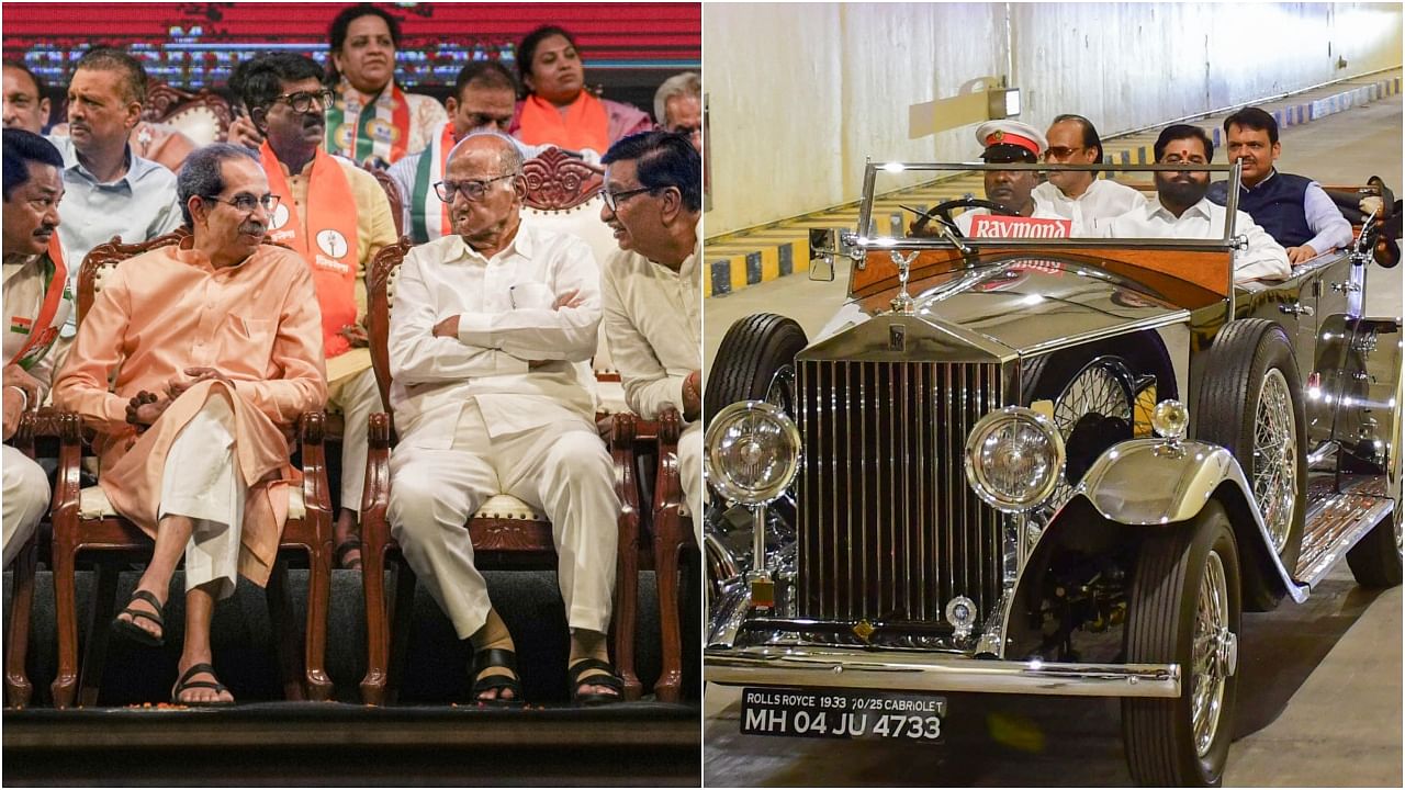 <div class="paragraphs"><p>Maharashtra Congress chief Nana Patole, Shiv Sena (UBT) chief Uddhav Thackeray, NCP (SP) chief Sharad Pawar and Congress leader Balasaheb Thorat (L); Maharashtra CM Eknath Shinde with his deputies Devendra Fadnavis and Ajit Pawar.</p></div>