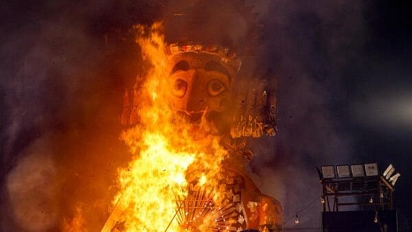 <div class="paragraphs"><p>An effigy of demon king 'Ravana' burns during the ‘Dussehra’ (Vijayadashami) festival.&nbsp;</p><p>Image for representation.</p></div>