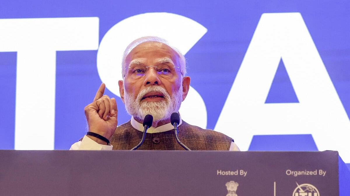 <div class="paragraphs"><p>Prime Minister Narendra Modi addresses during inauguration of the 8th ITU's telecom standard meet, in New Delhi, Tuesday, October 15, 2024.</p></div>