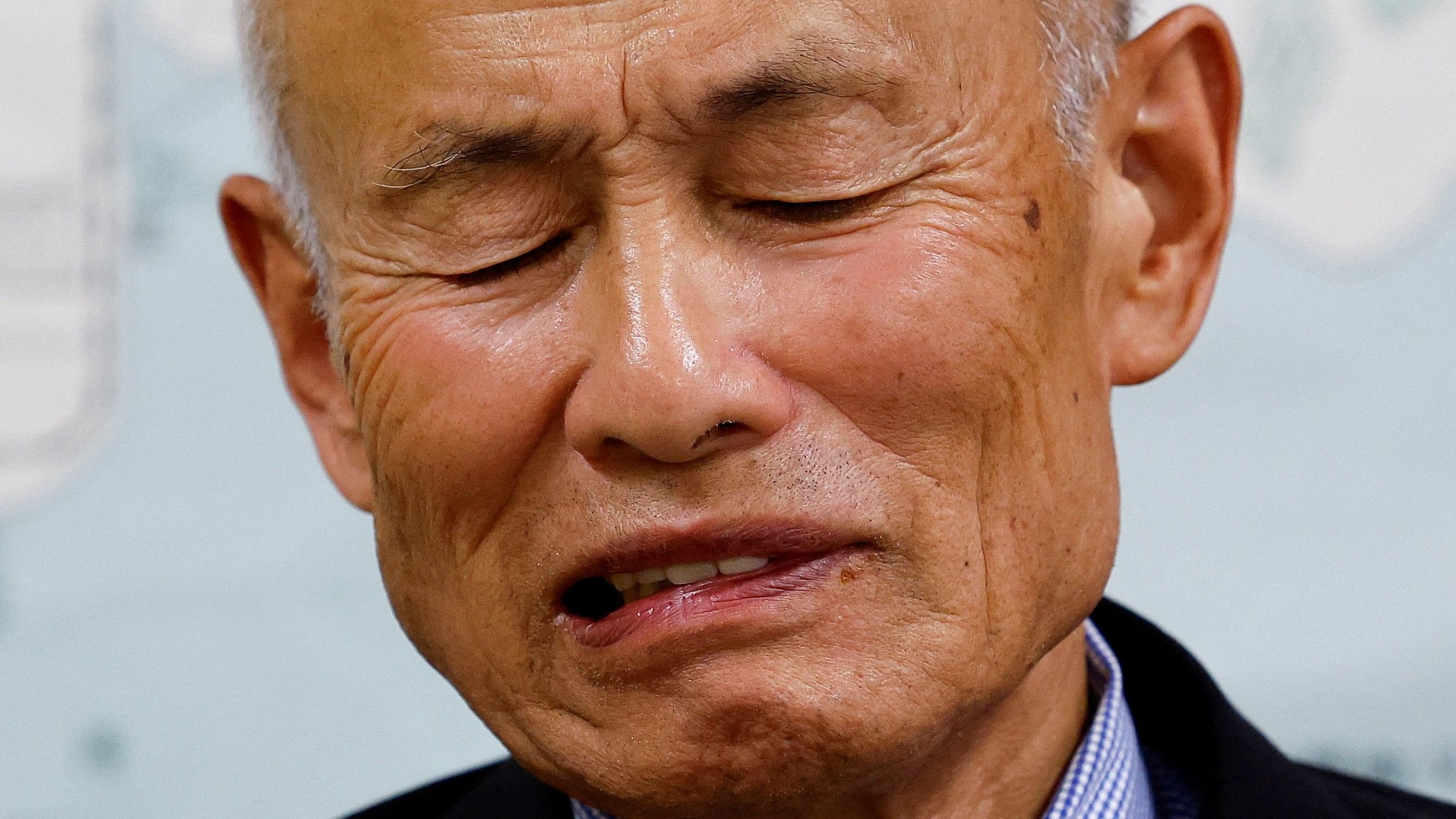 <div class="paragraphs"><p>Japan Confederation of A- and H-Bomb Sufferers Organizations  co-chair Toshiyuki Mimaki, who survived the 1945 atomic bombing of Hiroshima, reacts as he speaks during an interview with Reuters on the following day of Nihon Hidankyo winning the 2024 Nobel Peace Prize, in Hiroshima, western Japan.</p></div>