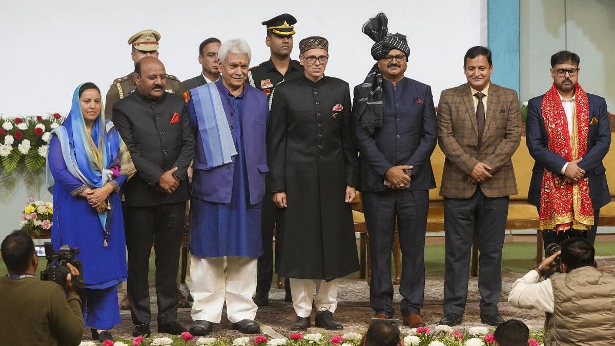 <div class="paragraphs"><p>Jammu and Kashmir Lt. Governor Manoj Sinha, Chief Minister Omar Abdullah and other leaders at the swearing-in ceremony of new J&amp;K government, in Srinagar.</p></div>