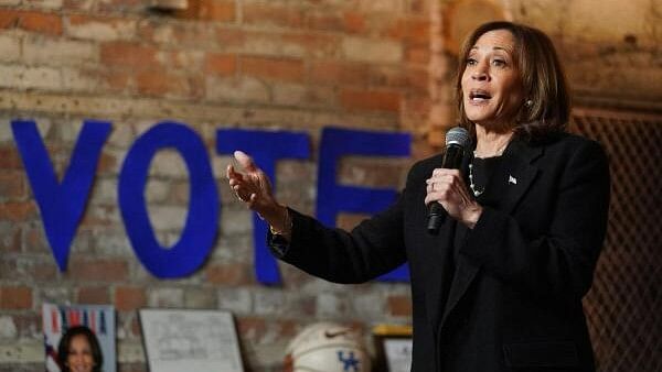 <div class="paragraphs"><p>Democratic presidential nominee US Vice President Kamala Harris speaks during a watch party of her iHeart radio conversation at Cred Cafe in Detroit, Michigan, US, October 15, 2024. </p></div>