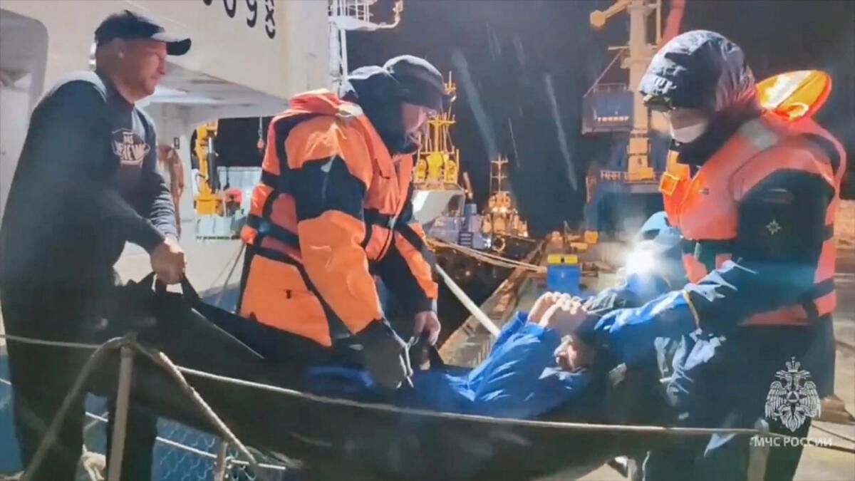 <div class="paragraphs"><p>Rescuers leave a vessel while carrying a man, who was reportedly saved after his sailboat had drifted for 67 days in waters edging the northwestern Pacific and discovered by fishermen in the Sea of ​​Okhotsk.</p></div>