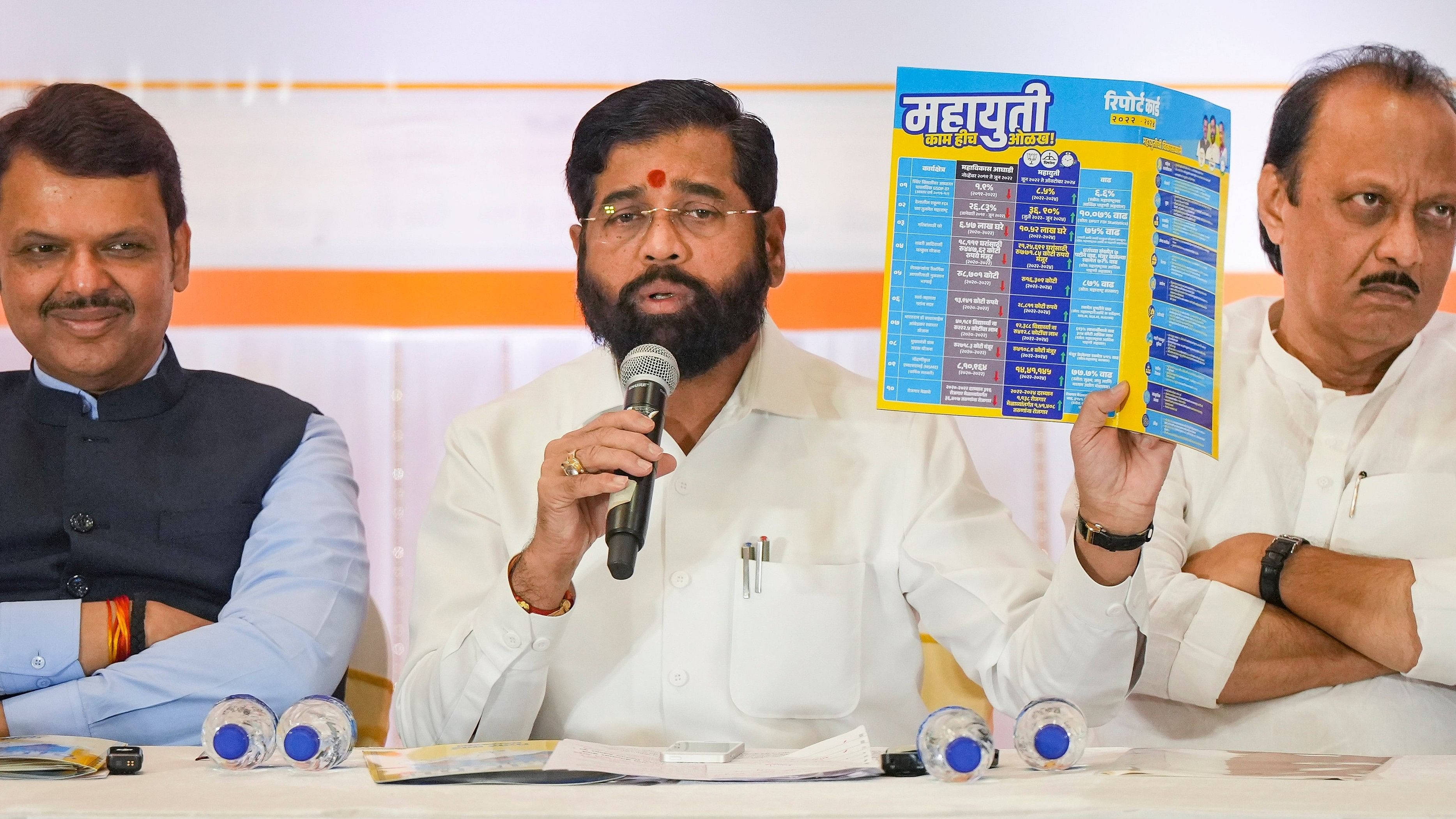 <div class="paragraphs"><p>Maharashtra Chief Minister Eknath Shinde along with Dy CMs Devendra Fadnavis and Ajit Pawar during a press conference, in Mumbai, Wednesday, Oct. 16, 2024. </p></div>