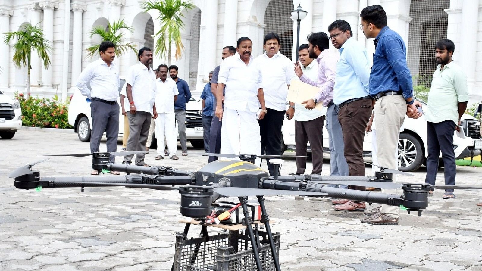 <div class="paragraphs"><p>K N Nehru inspects a drone that will used to deliver essentials to people living in low lying areas.</p></div>