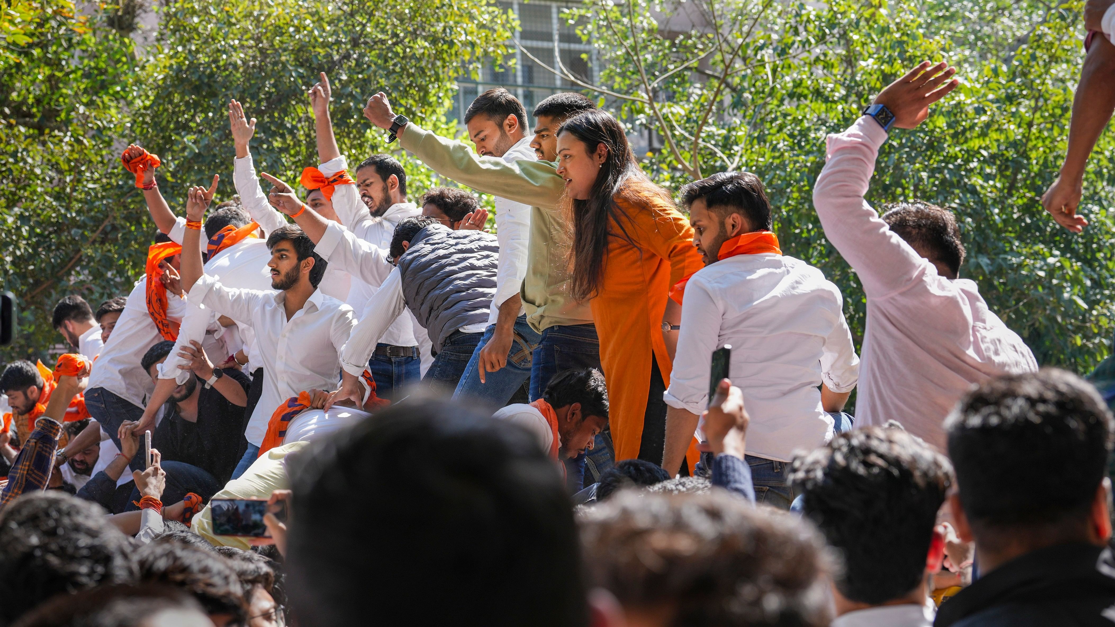 <div class="paragraphs"><p>Akhil Bharatiya Vidyarthi Parishad activists during a protest against the West Bengal government, outside the Banga Bhawan, in New Delhi.</p></div>