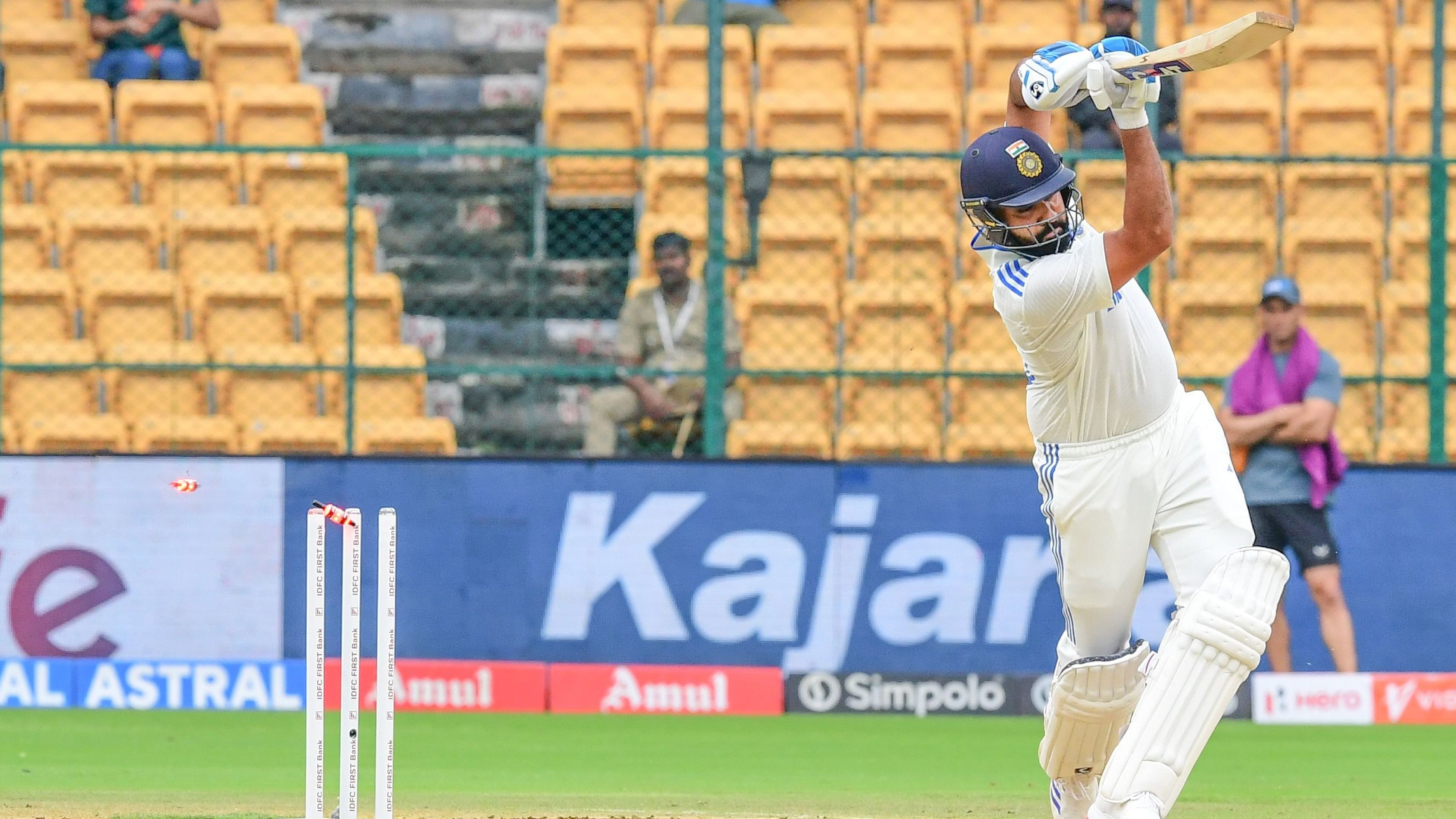 <div class="paragraphs"><p>India's Rohit Sharma has his stumps rearranged by New Zealand's Tim Southee on the second day of first Test at the Chinnaswamy Stadium.</p></div>