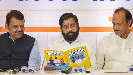 <div class="paragraphs"><p>Maharashtra CM Eknath Shinde,&nbsp;along with Deputy CMs Devendra Fadnavis and Ajit Pawar during a press conference in Mumbai, Wednesday, October 16, 2024. </p></div>