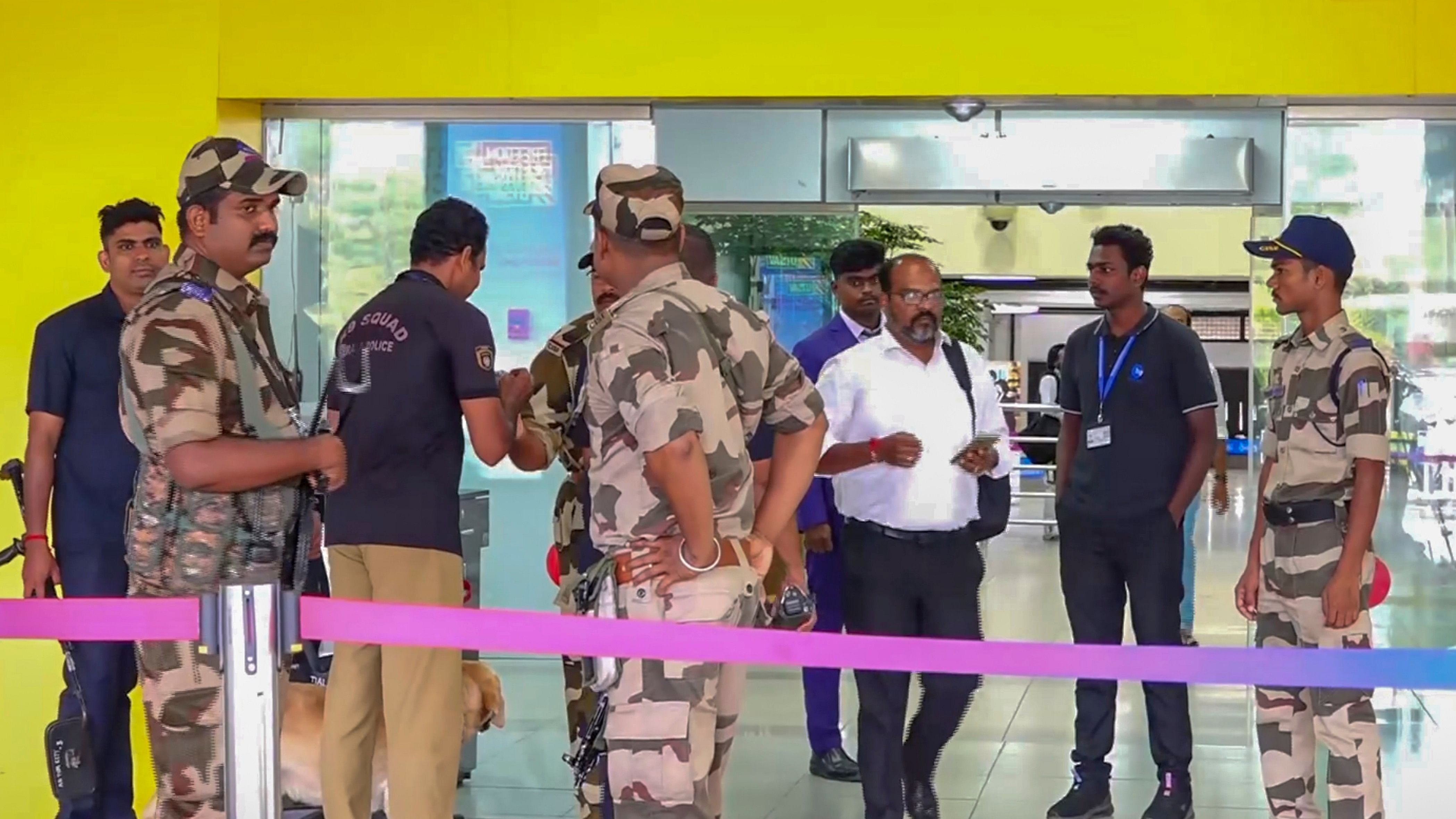 <div class="paragraphs"><p>Security personnel during ongoing inspection at the Thiruvananthapuram International Airport following a bomb threat on an Air India flight, in Thiruvananthapuram.</p></div>