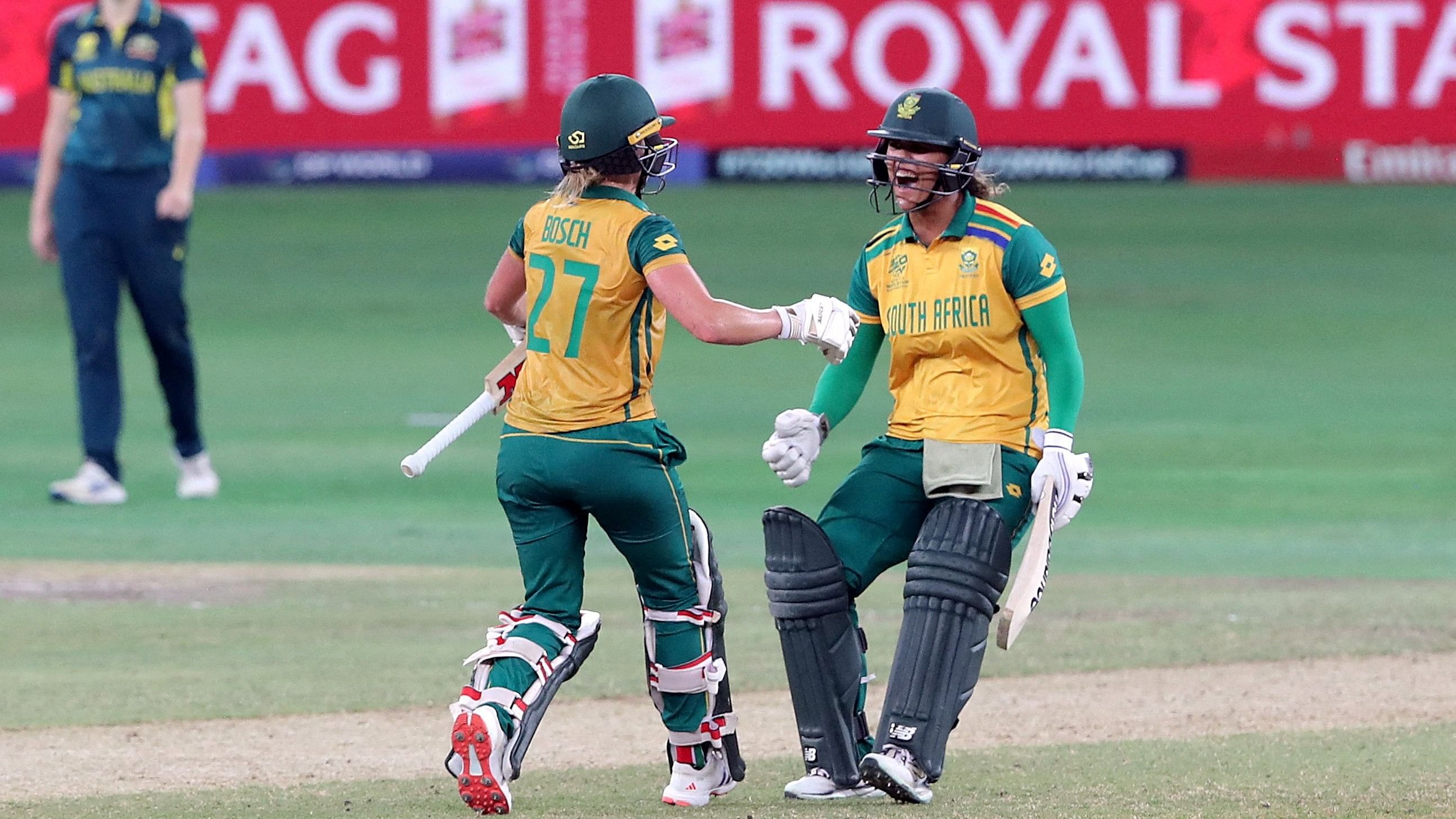 <div class="paragraphs"><p>South Africa's Anneke Bosch and Chloe Tryon celebrate after the match.</p></div>