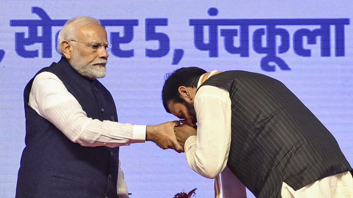 <div class="paragraphs"><p>Prime Minister Narendra Modi with Haryana CM-designate Nayab Saini during the swearing-in ceremony of new Haryana government, in Panchkula.</p></div>