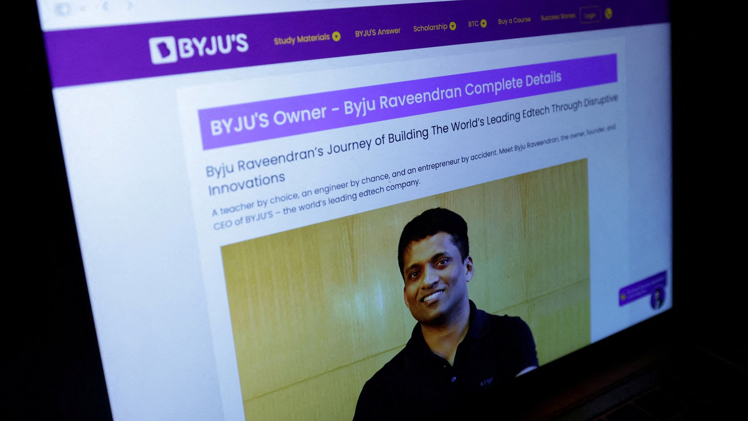 <div class="paragraphs"><p>Byju's owner Byju Raveendran photo is seen on his company web page in this illustration.</p></div>