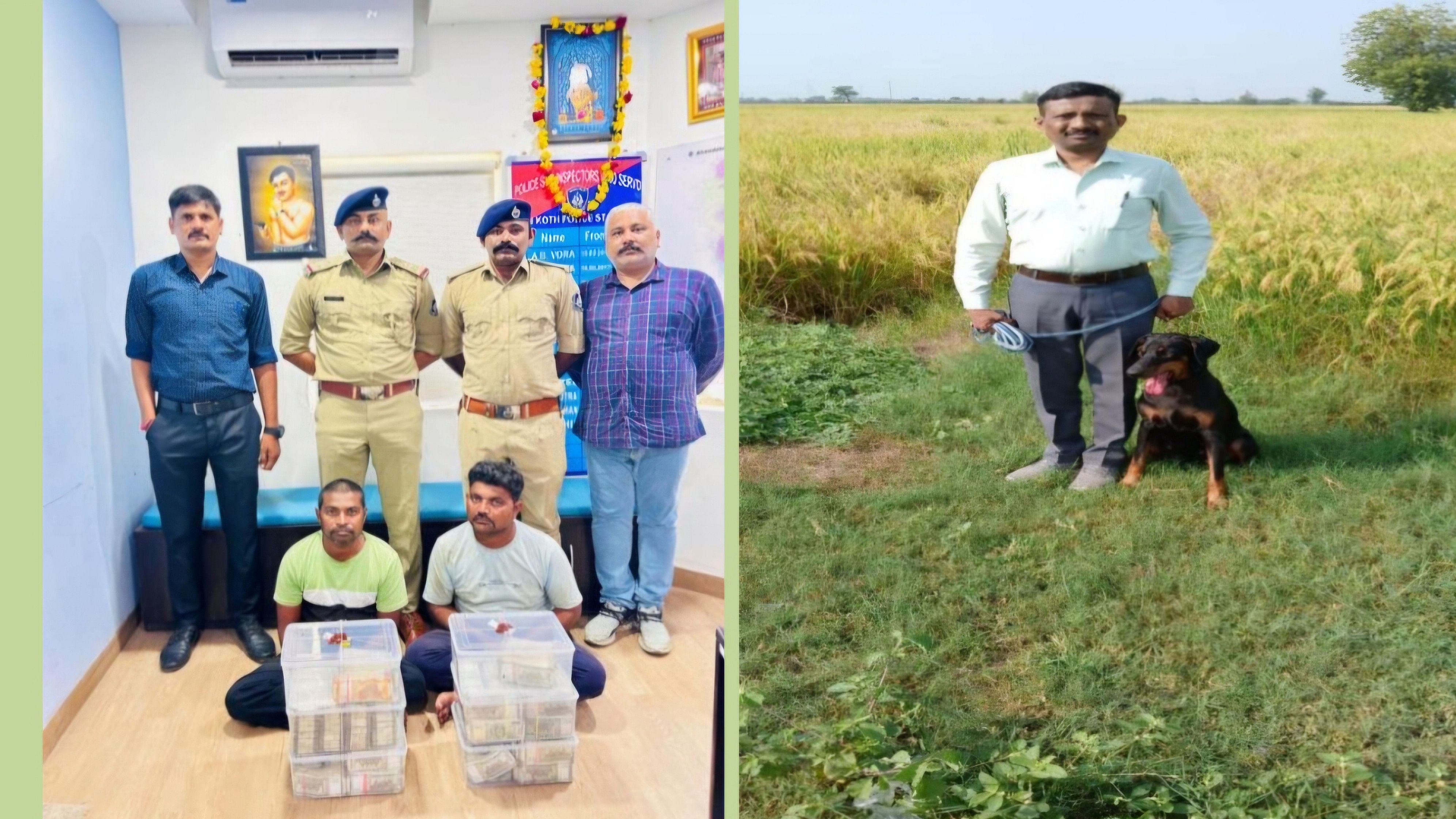 <div class="paragraphs"><p>Police officials along with the two arrested in connection to a&nbsp;theft of over Rs 1 crore from a farmer's house in Ahmedabad (Left);&nbsp;Penny, a police sniffer dog, who helped crack the case along with her handler (Right).</p></div>