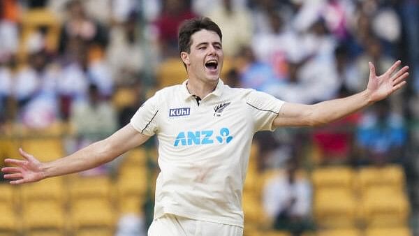 <div class="paragraphs"><p>New Zealand bowler William O'Rourke during the fourth day of the first Test cricket match between India and New Zealand, at the M Chinnaswamy Stadium, in Bengaluru, Karnataka, Saturday, Oct. 19, 2024.</p></div>