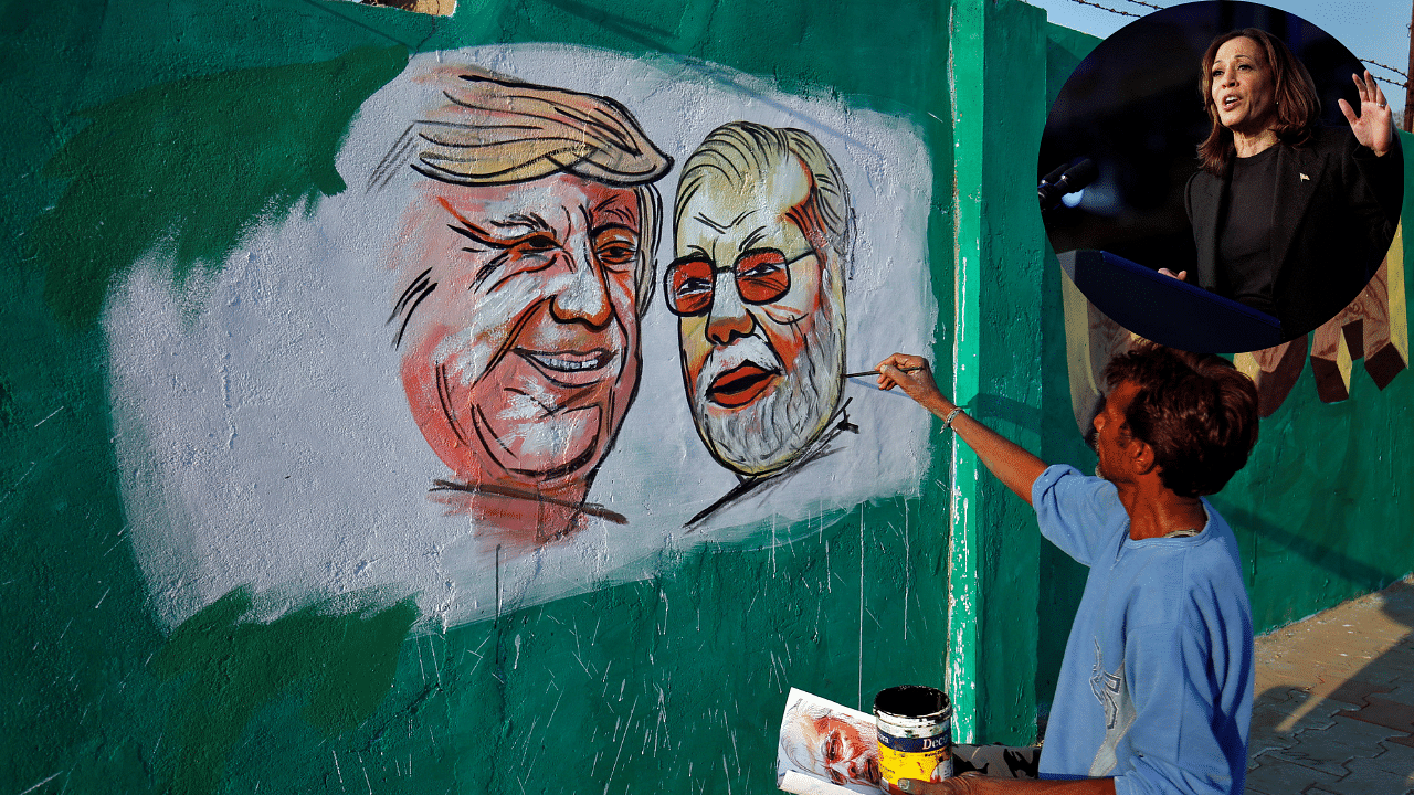 <div class="paragraphs"><p>A man applies finishing touches to paintings of U.S. President Trump and India's PM Modi, in Ahmedabad. Inset: US Vice President Kamala Harris,</p></div>