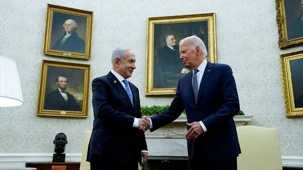 <div class="paragraphs"><p>US President Joe Biden meets with Israeli Prime Minister Benjamin Netanyahu in the Oval Office at the White House in Washington.&nbsp;</p></div>